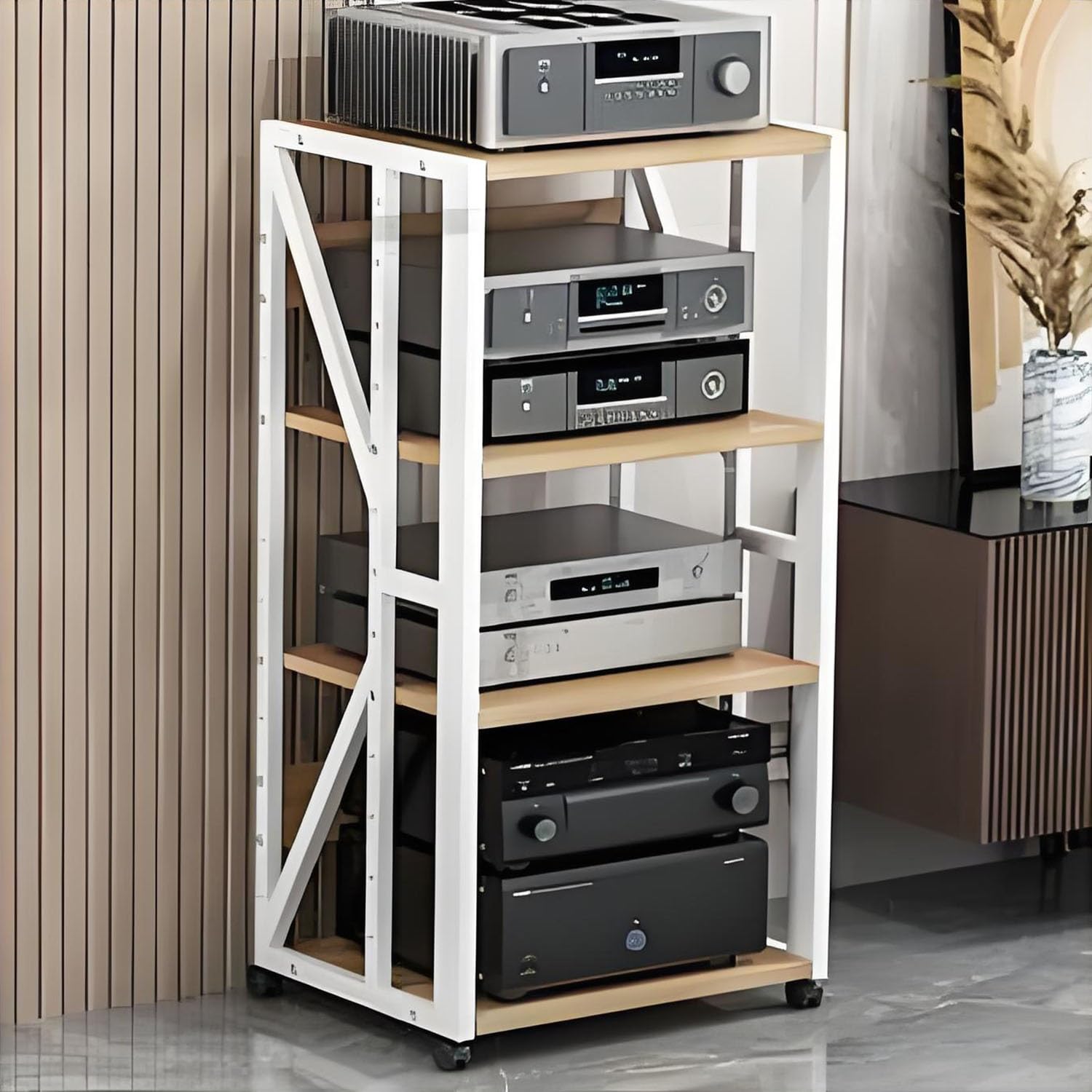 4-poziomowy stojak HiFi o, Adjuble o-Video Tower do domu, wzmacniacz i szafka pod telewizor, nowoczesna półka HiFi, Slish White, wysokość 89 cm / 35in