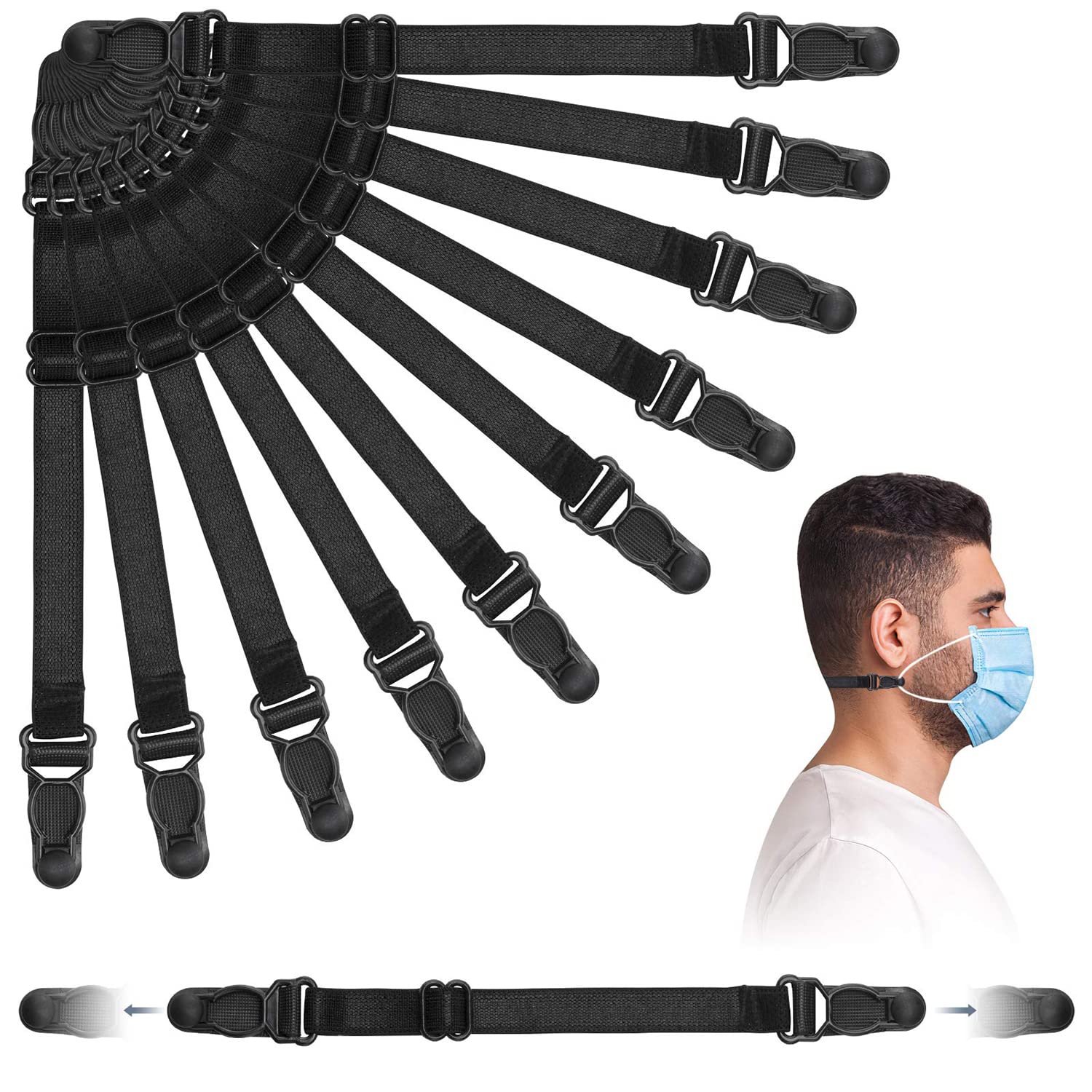 Mask Extender Lanyard, 20 PCS Adjustable Face Mask Extender Strap Hook, Elastic Fabric Mask Holder, Mask Ear Protective,Anti-Slip Ear Extender Holder Adjustable Masks Parts Mask Ear Hook - Black