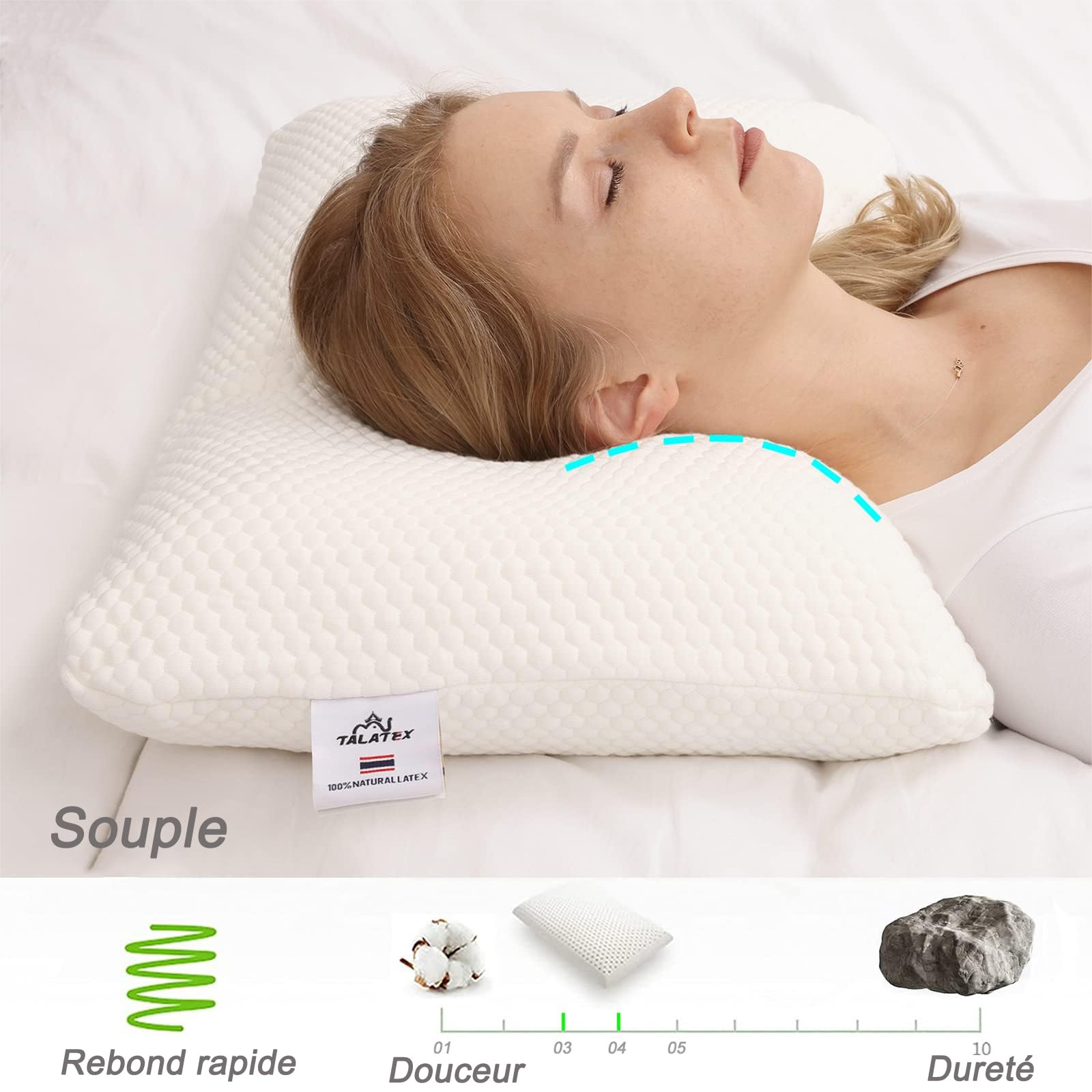 Talatex Oreiller en Latex Naturel 100% Pur, Aide à Soulager la Douleur et la Pression, Pas de Mousse à Mémoire de Forme, Oreiller en Latex Profond, Taille 60 x 40 x 13 cm, Lavable avec Taie en Tencel
