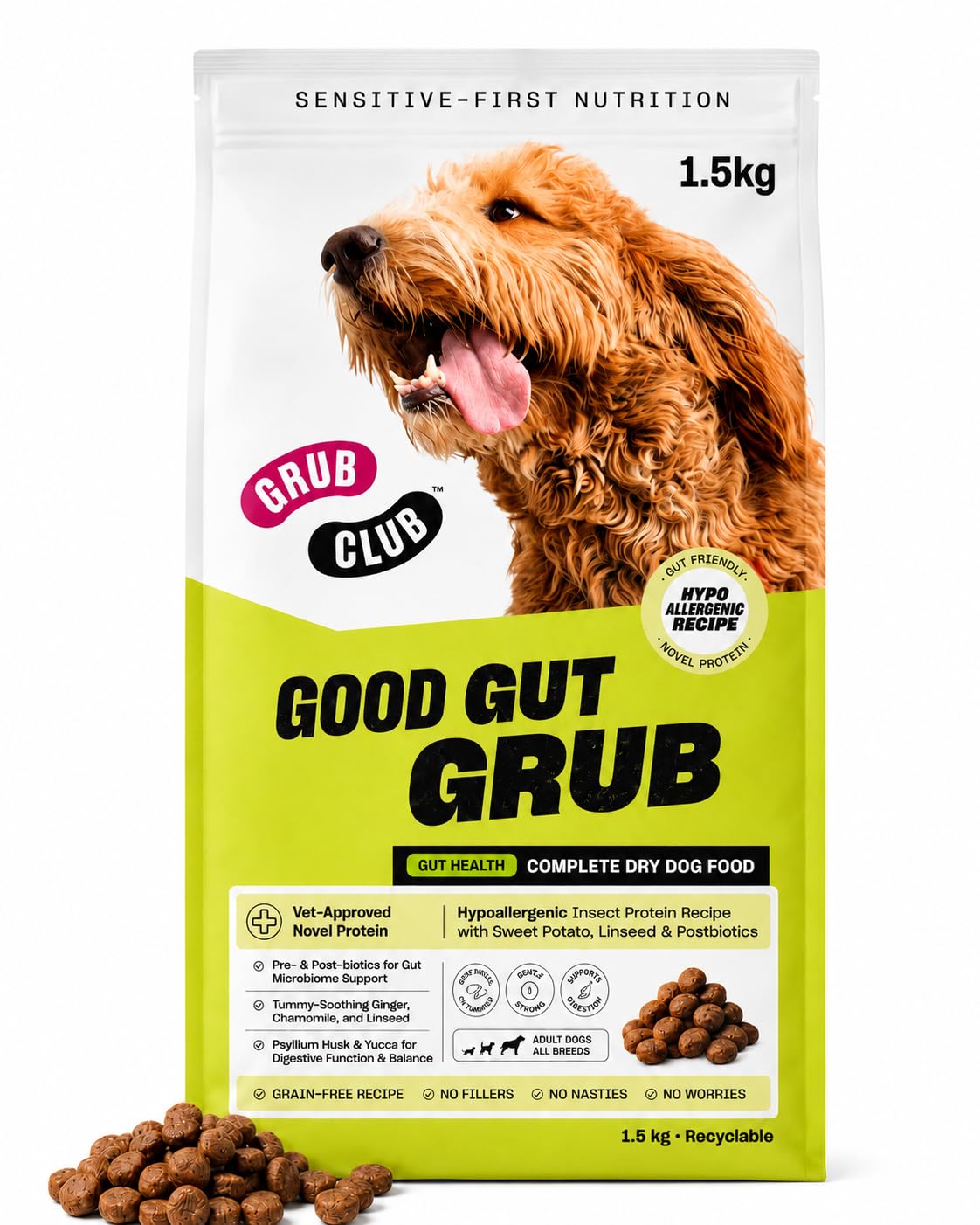 Grub Club Dry Dog Food (1.5kg - Good Gut Grub Flavour) - Natural Hypoallergenic Dog Food From Insect Protein - Prebiotics and Probiotics For Dogs To Help Support Digestion - Source Of Antioxidants