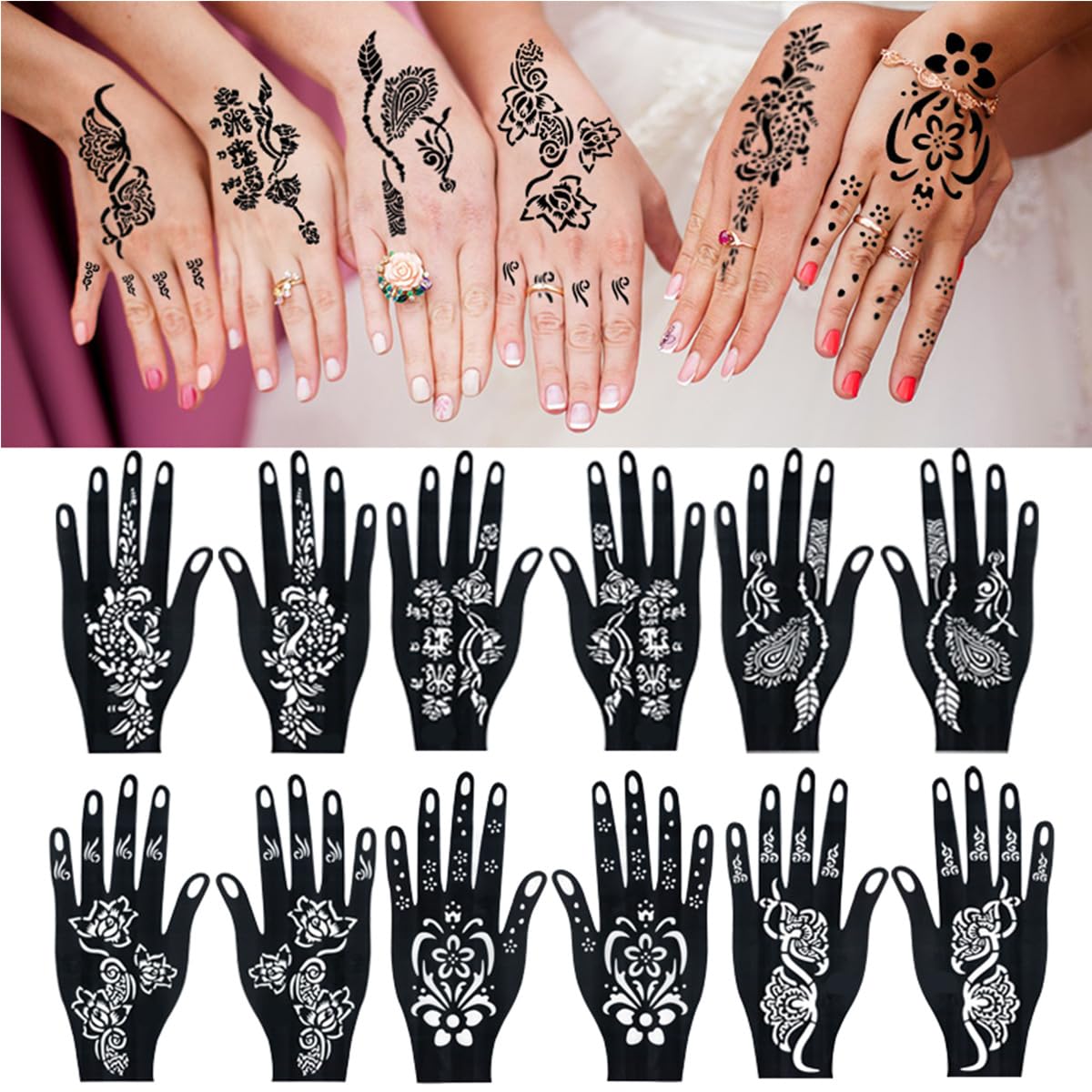 Bekecidi 10 Sheets Hand Tattoo Stencil India Tattoo Stencil Black Tattoo Stencil Reusable Glitter Tattoo Templates Hand Shape Temporary Tattoo Stencil Kit for Women Girls