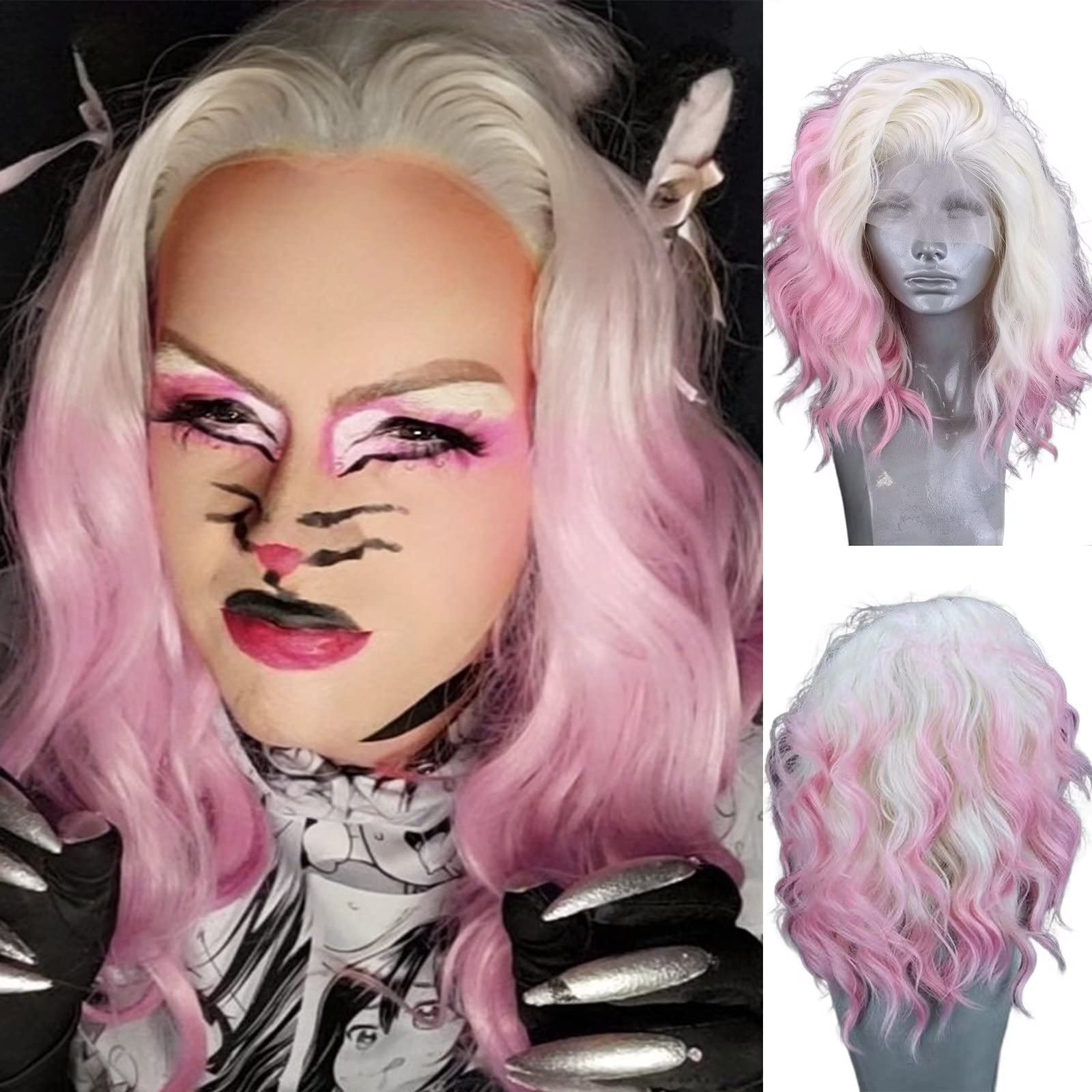 RONGDUOYI Ombre Plutinum Pink Short Bob Lace Front Wigs for Women Girls Glueless Body Wavy Synthetic Heat Friendly Fiber Hair Wig Free Part Blonde Pink Bob Hair 16 Inch Daily Wear Cosplay Wig