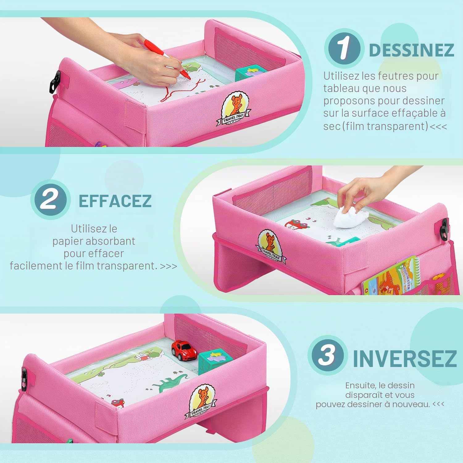 lenbest Plateau de Voyage Enfants, Jouet Créatif D'apprentissage Intérieur pour Accueil École, Planche à Dessin avec 1 Film Transparent de Peinture + 5 Papier à Dessin + 6 Crayons de Couleur (rose)