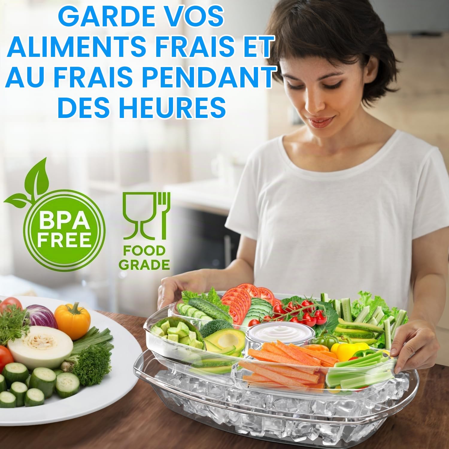 Plateau de service réfrigéré de qualité supérieure pour les fêtes – Plateau de fête glacé glacé de 38,1 cm avec couvercle et support pour trempettes – Plat froid fonctionnel avec 4 compartiments –