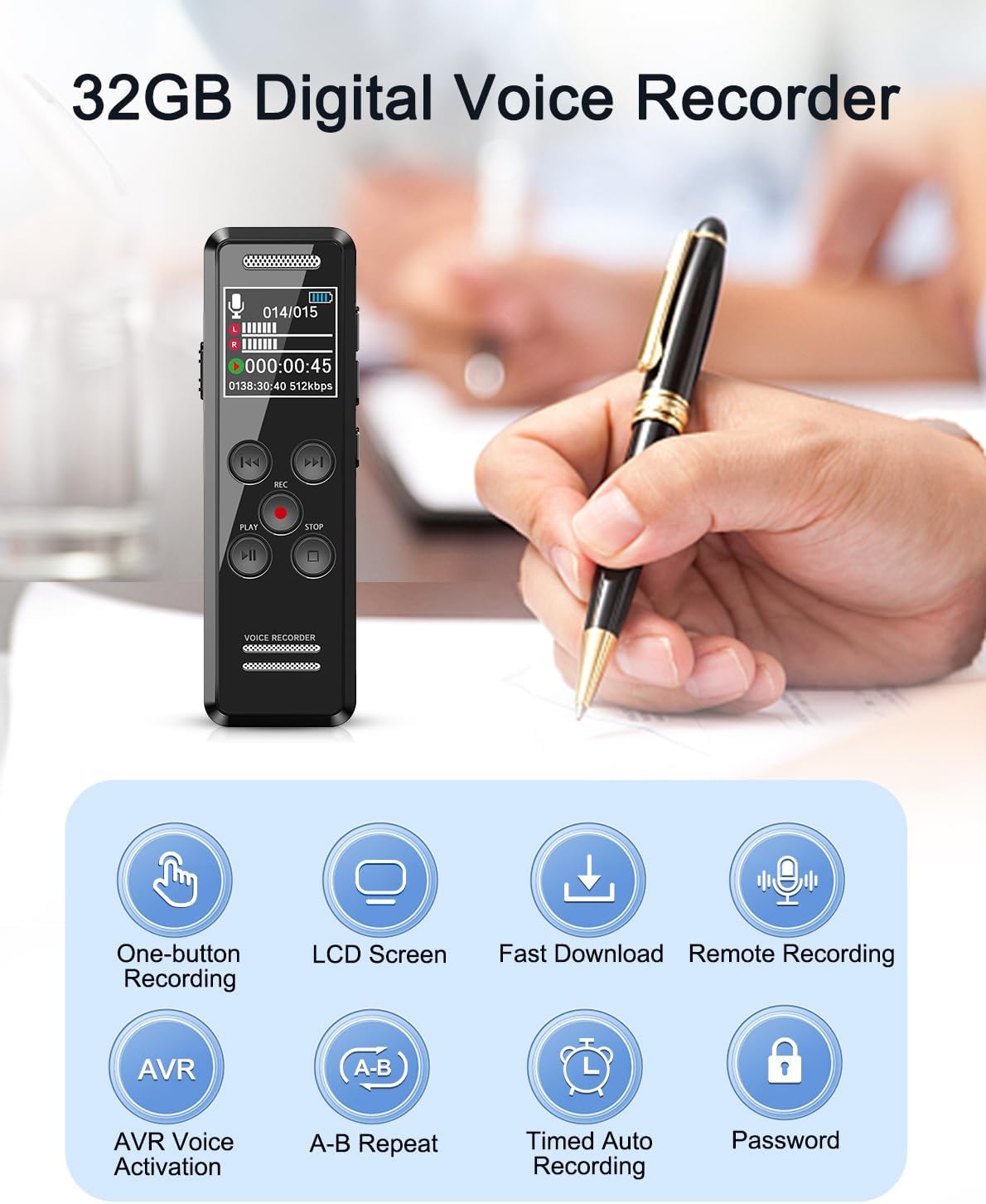 Close-up view of the QZT Digital Voice Recorder V61-2's front panel, showing the LCD screen, REC button, Play/Pause, Stop, and navigation buttons.