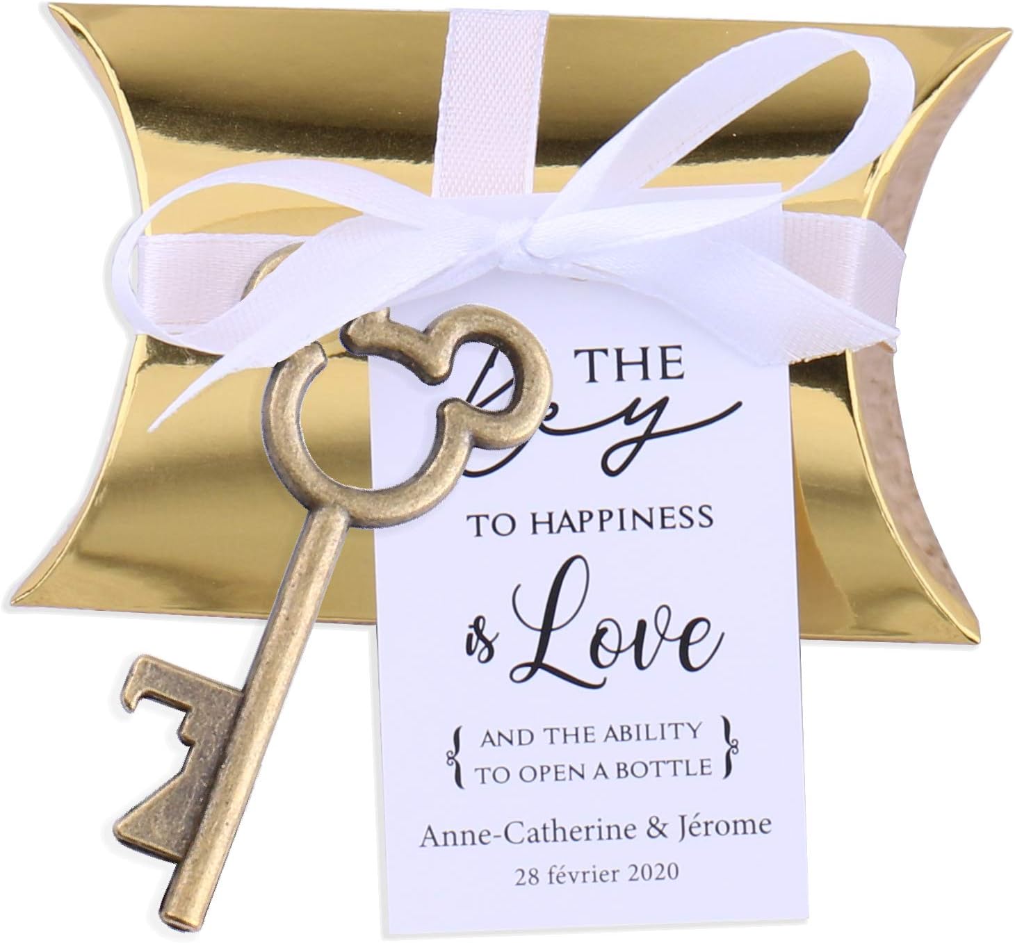 50x Wedding Favors Sets Vintage Silver Skeleton Keys Bottle Openers with Gold Candy Boxes Escort Cards Groosmen Gifts (Customized Tags, Style #4)