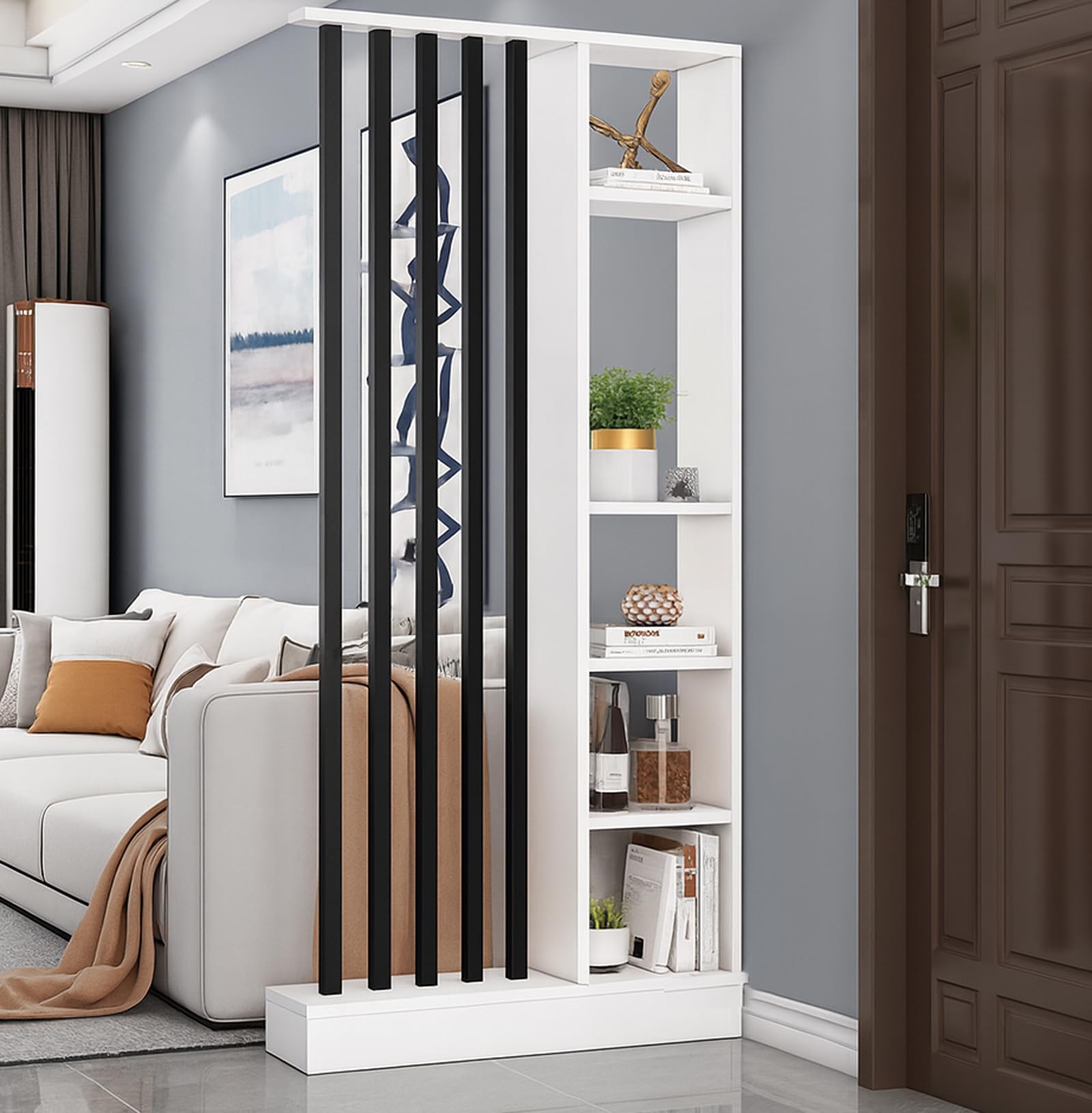 Floor to Ceiling Room Divider with Shelves – Freestanding Partition Screen, Industrial Style Room Divider Furniture for Bedroom, Office (White + Black, 31.5" L x 9.5" W x 79.5" H)