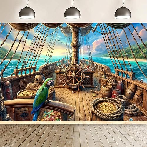 Miniatura 4 de Telón de fondo vintage de barco pirata, 8 x 6 pies, timón de madera, cofres del tesoro, velero, mapa, barriles, loro, océano, mar, aventura,