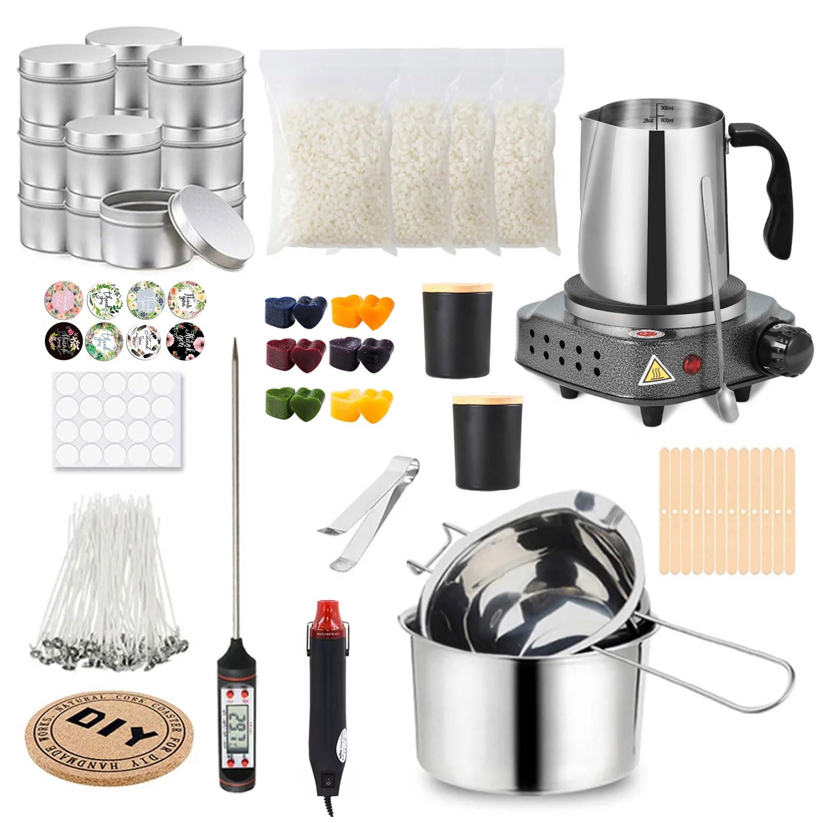 LCPKUTTR TH0JY-1210 Zestaw do produkcji świec sojowych DIY, ze świecami 900 ml, knoty, naklejki na knoty, uchwyt na knoty, wosk sojowy TH0JY-1210