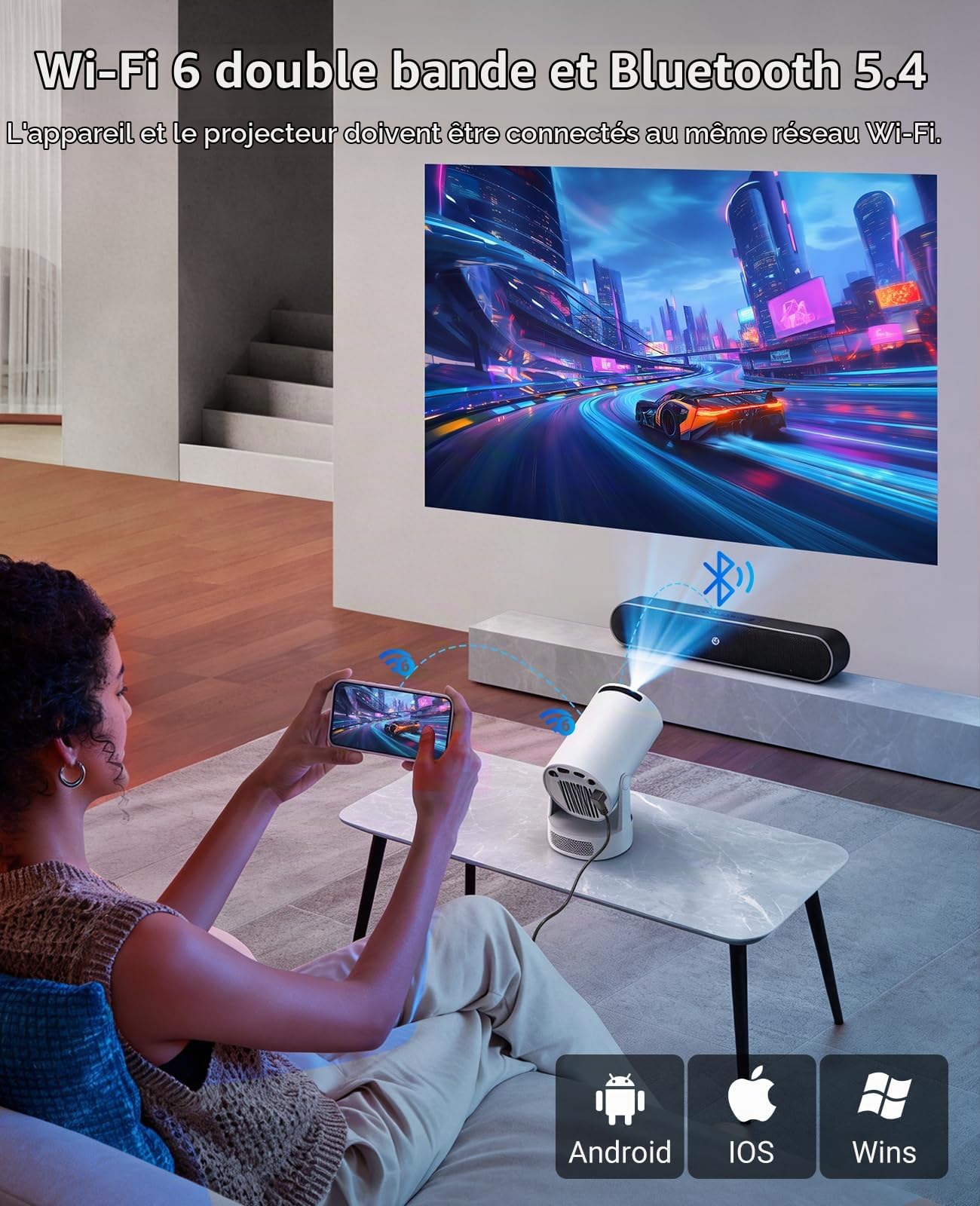 Vidéoprojecteur avec WiFi 6 et Bluetooth 5.4,Mini Portable Projecteur 4K 1080P Auto Keystone Correction 180° Rotation,Compatibile avec HDMI/TV Stick/Memory Stick/Laptop/USB,Home Cinéma,Blanc