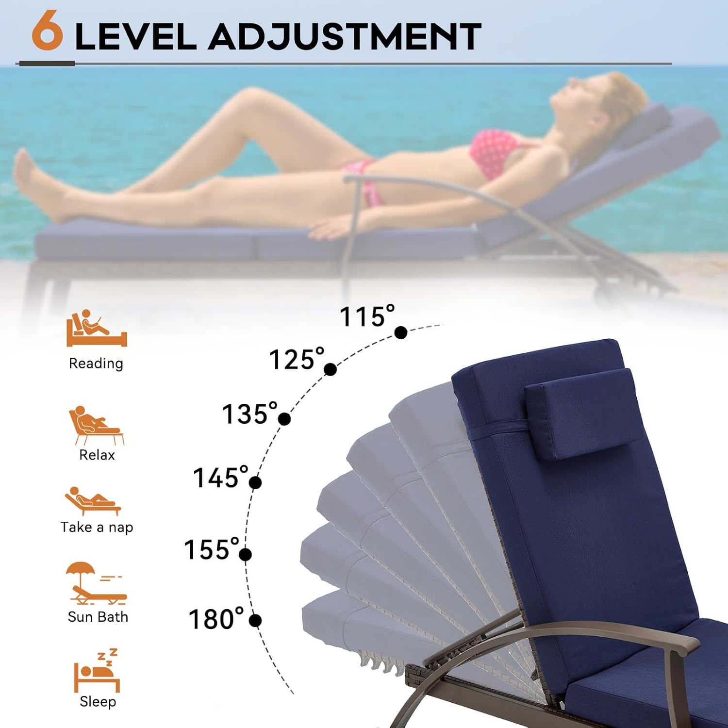 Diagram illustrating the 6 adjustable reclining positions of the lounge chair backrest.