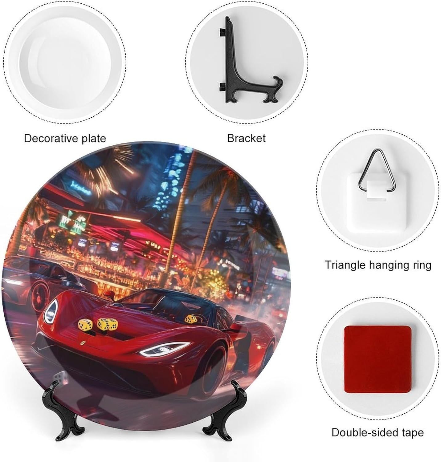 Red Sports-Car Bone China Decorative Plate with Stand Home Dessert Plates Gift for Men Women 7inch