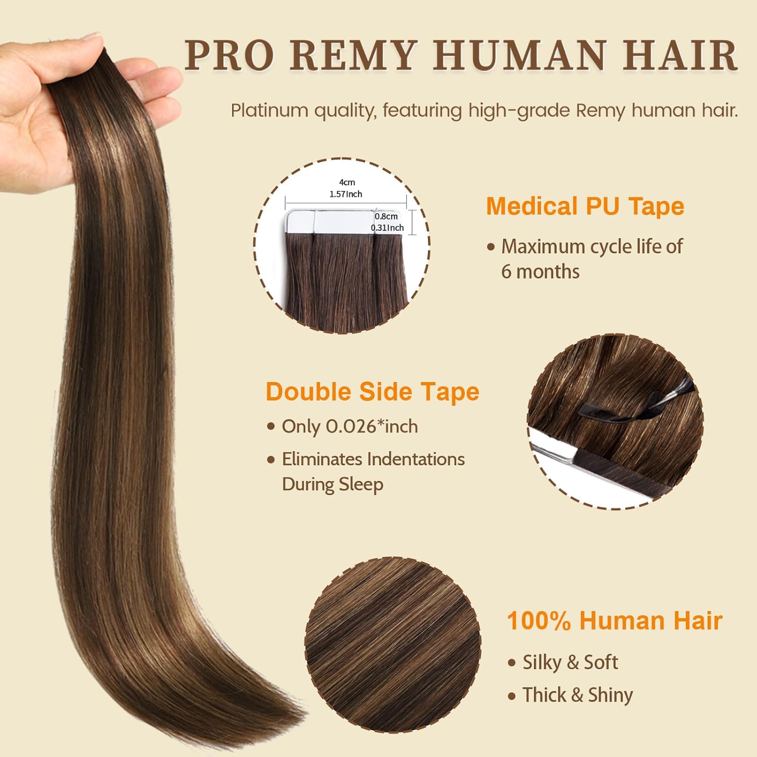DNE Tape in Hair Extensions Real Human Hair 14 inches 20Pcs/40g/Pack Seamless Dark Brown to Chestnut Brown#T2-P2/6 Straight Invisible Double Sided Tape in Hair Extensions for Women/Girls