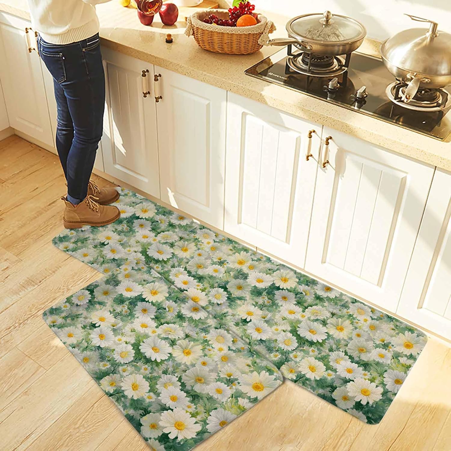 Spring White Daisy Kitchen Rugs and Mats Set of 2, Non-Slip Kitchen Sink Mat, Flowers Green Leaves Retro Botanical Washable Doormat Bathroom Rugs Runner for Bedroom/Living Room 15.7"x23.6"+15.7"x47.2"