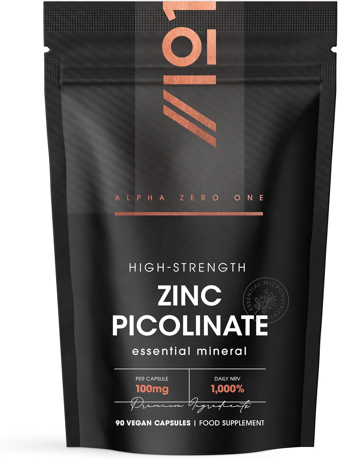 Zinc Picolinate 100mg – Immune Suport Elemental Zinc Picolinate – 90 Vegan Capsules (3 Months Supply) – Resealable and Recyclable Pouch by Alpha01