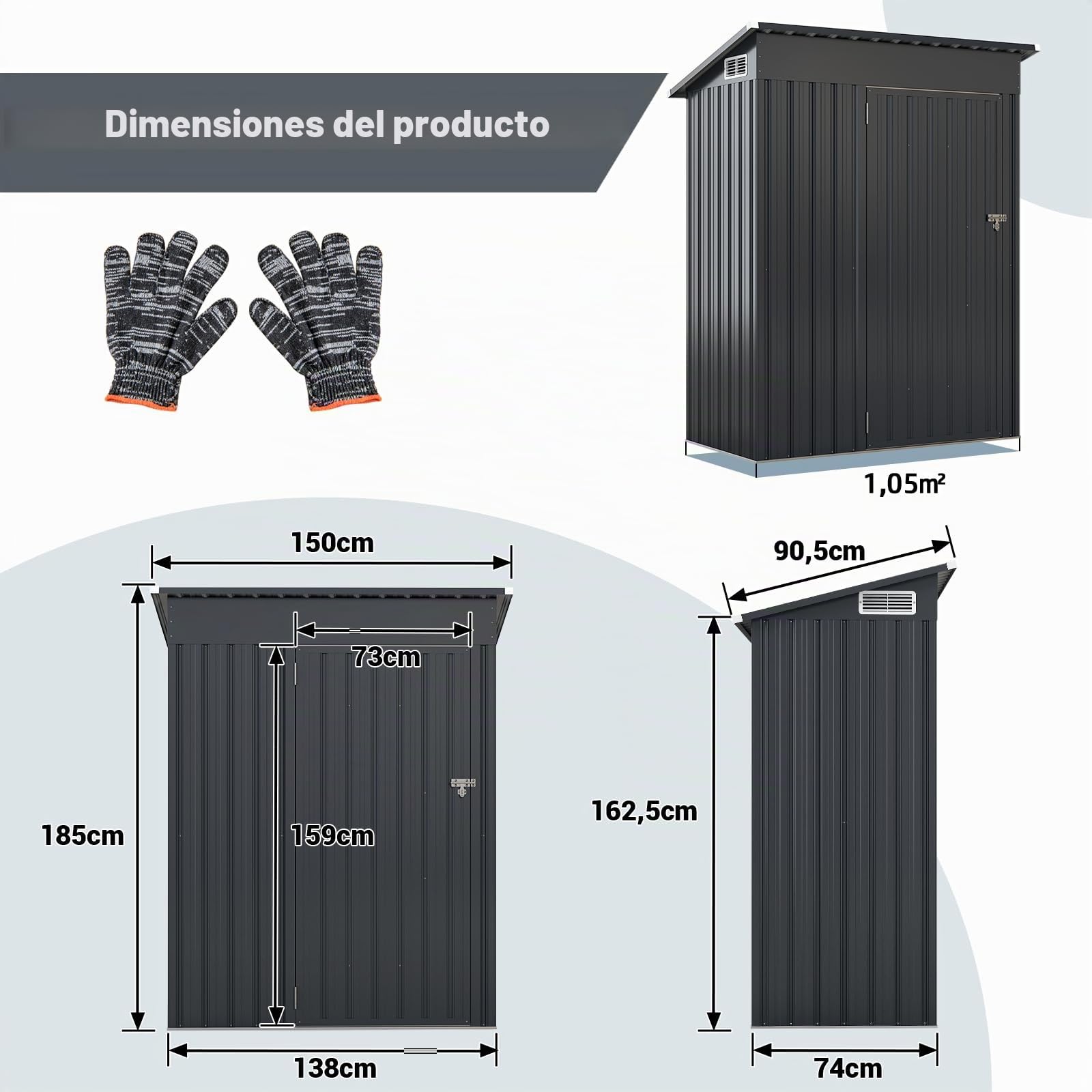 GOPLUS 1.88 m³ Cobertizo de Jardín Estanco con Puerta Corredera y Ventanas, 150 x 88 x 185 cm，Metal Galvanizado, Almacenamiento para Dispositivos, Herramientas de Jardinería(Gris Oscuro)