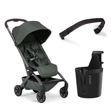 Joolz Aer2 Travel Stroller Bundle with Bumper Bar & Cup Holder Lightweight One-Hand Fold Stroller, Airplane Carry-On Approved, Reclining Seat, UPF 50+ Canopy, Includes Accessories - Forest Green