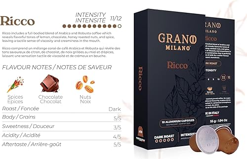 Miniatura 2 de Grano Milano Coffee Pods Aluminium Ricco - 100 cápsulas de café tostado oscuro - Intensidad 1112, compatible con Nespresso* Línea original Made in