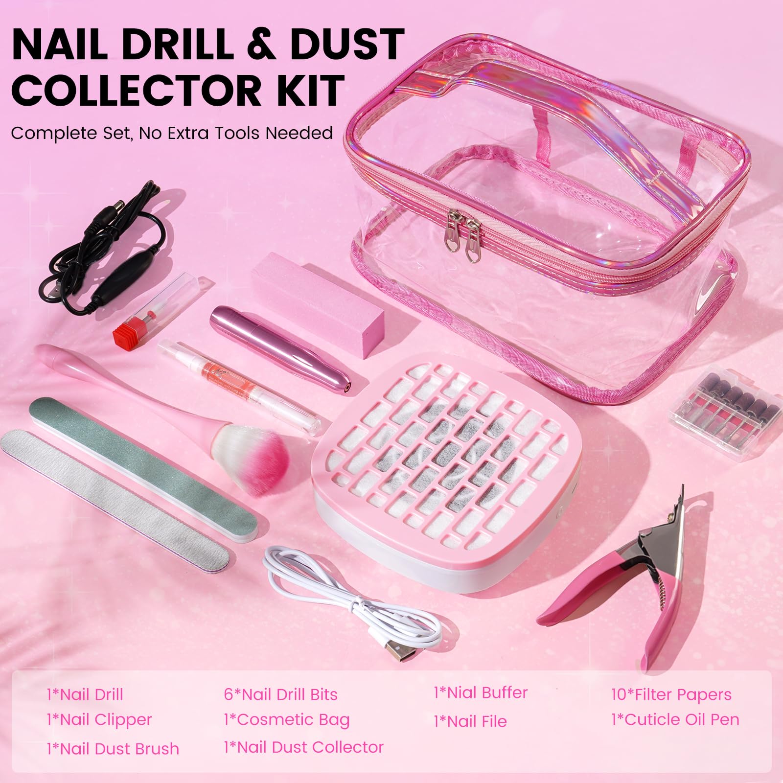 Nagelbohrer mit Staubsammler-Kit, 20000RPM Einstellbare Geschwindigkeit Elektrische Nagelfeile für Acryl & Gel Entfernung, Maniküre Pediküre Set in Transparent Wasserdicht Kosmetiktasche für Home DIY
