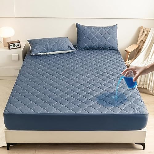 Protector de colchón impermeable tamaño Queen, funda de colchón acolchada con bolsillos profundos elásticos de 17 pulgadas, sábana bajera lavable a