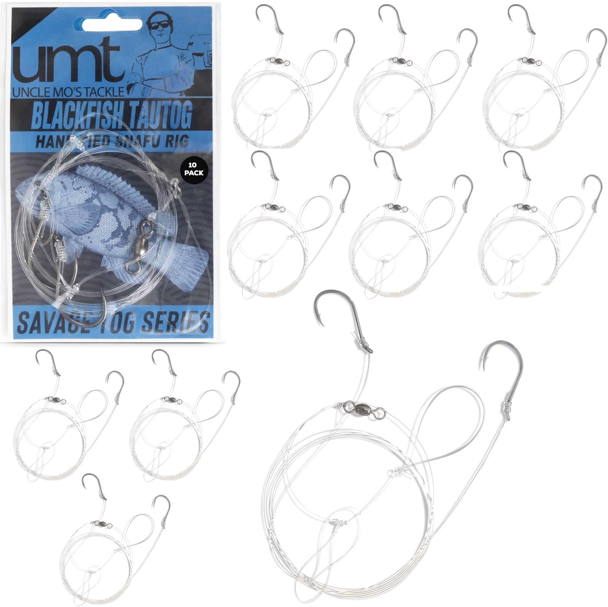 UMT Blackfish Snafu Rig 1, 5 &10 Pack Option -Size 3/0 BKK Octopus Hook - 60lb Heavy Duty Fluorocarbon, Dropper Loop - Hand Tied - Uncle Mo’s Saltwater Tackle Savage 17 Fathom Tautog Rig