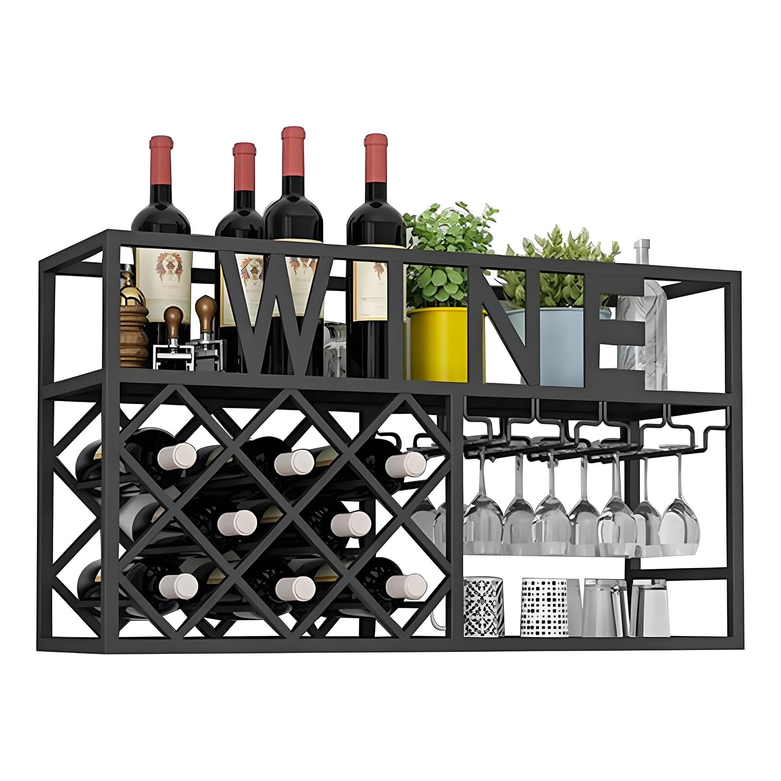 Étagère à vin murale rangement flottant métal noir 80cm porte-verre suspendu