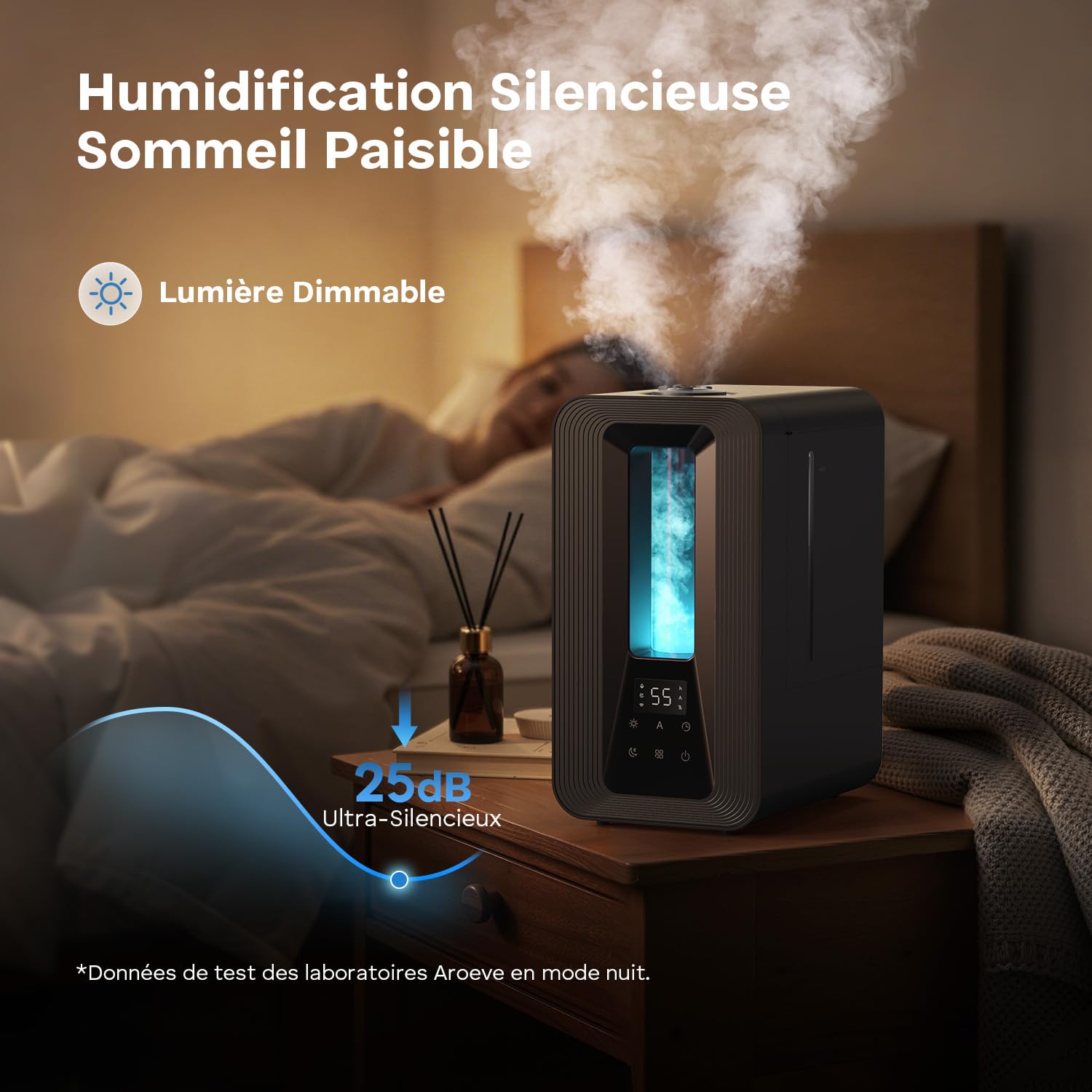 AROEVE Humidificateur d'Air Chambre Top-Fill, 5L Ultrasonique Brume Froide avec Diffuseur Aromes, Hygrostat Intelligent, Veilleuse, 50H/25dB Silencieux pour Bureau Bébé Plantes