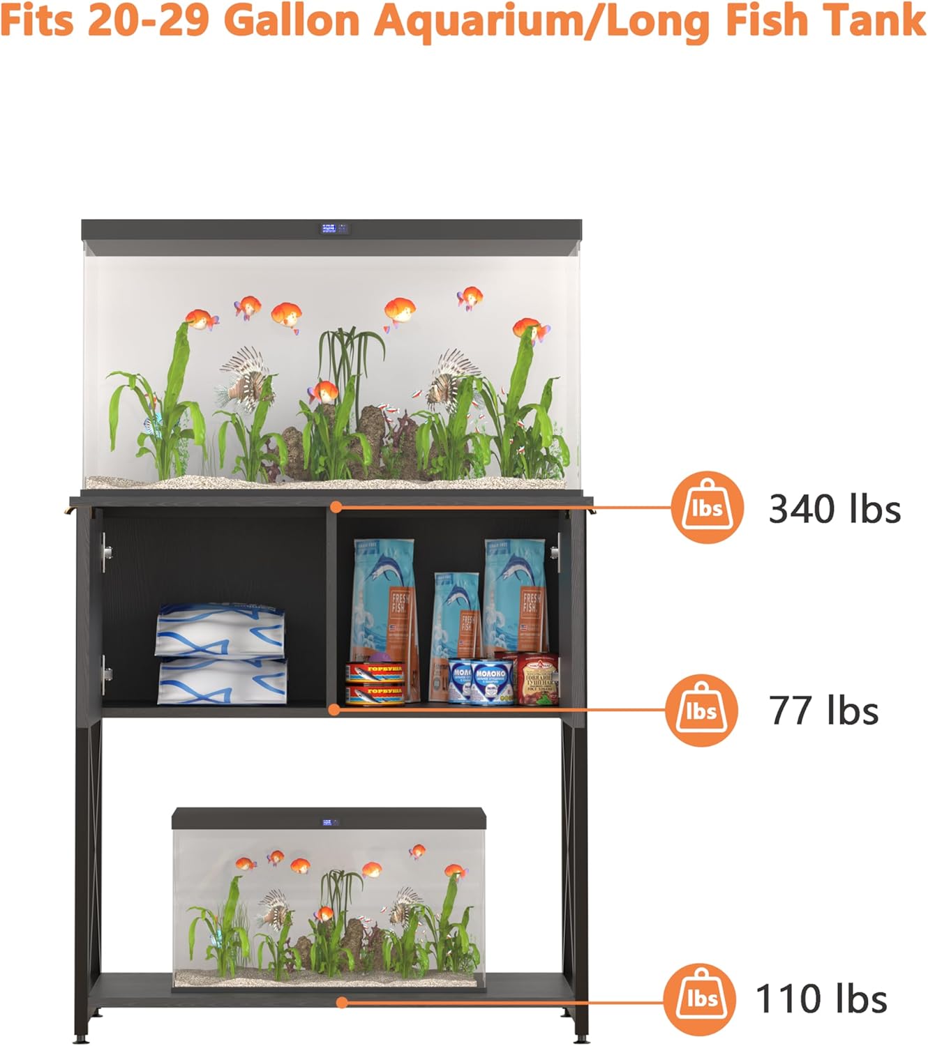 Piskyet 20-29 Gallon Fish Tank Stand, Metal Frame Aquarium Stand, Cabinet for Fish Tank Accessories Storage，Suitable for Turtle Reptile Tank Stand Terrarium Stand,340Lbs,Black