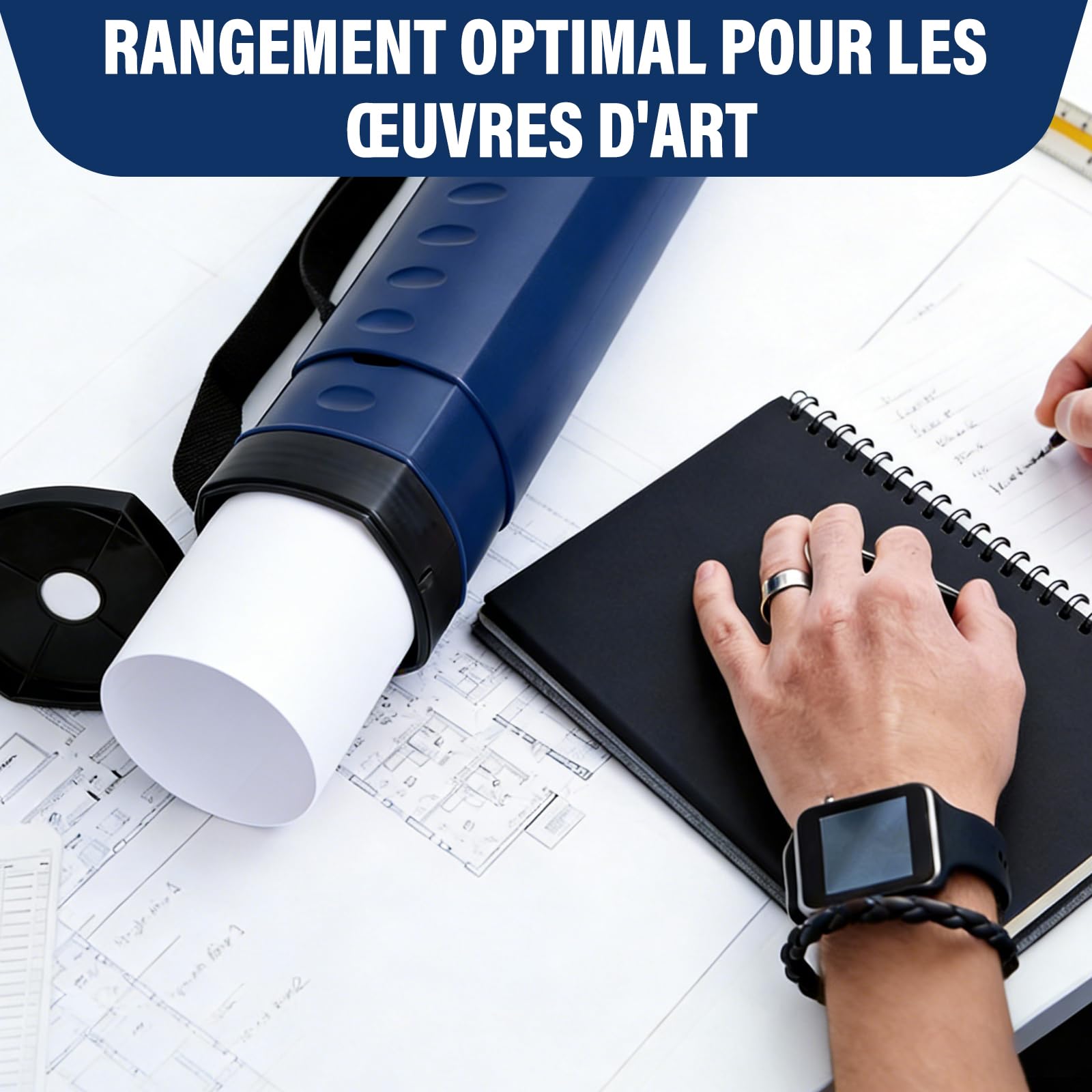 DEWEL Rouleau de Transport télescopique A0, 62-107 cm, pour Posters et Tableaux, Bleu foncé