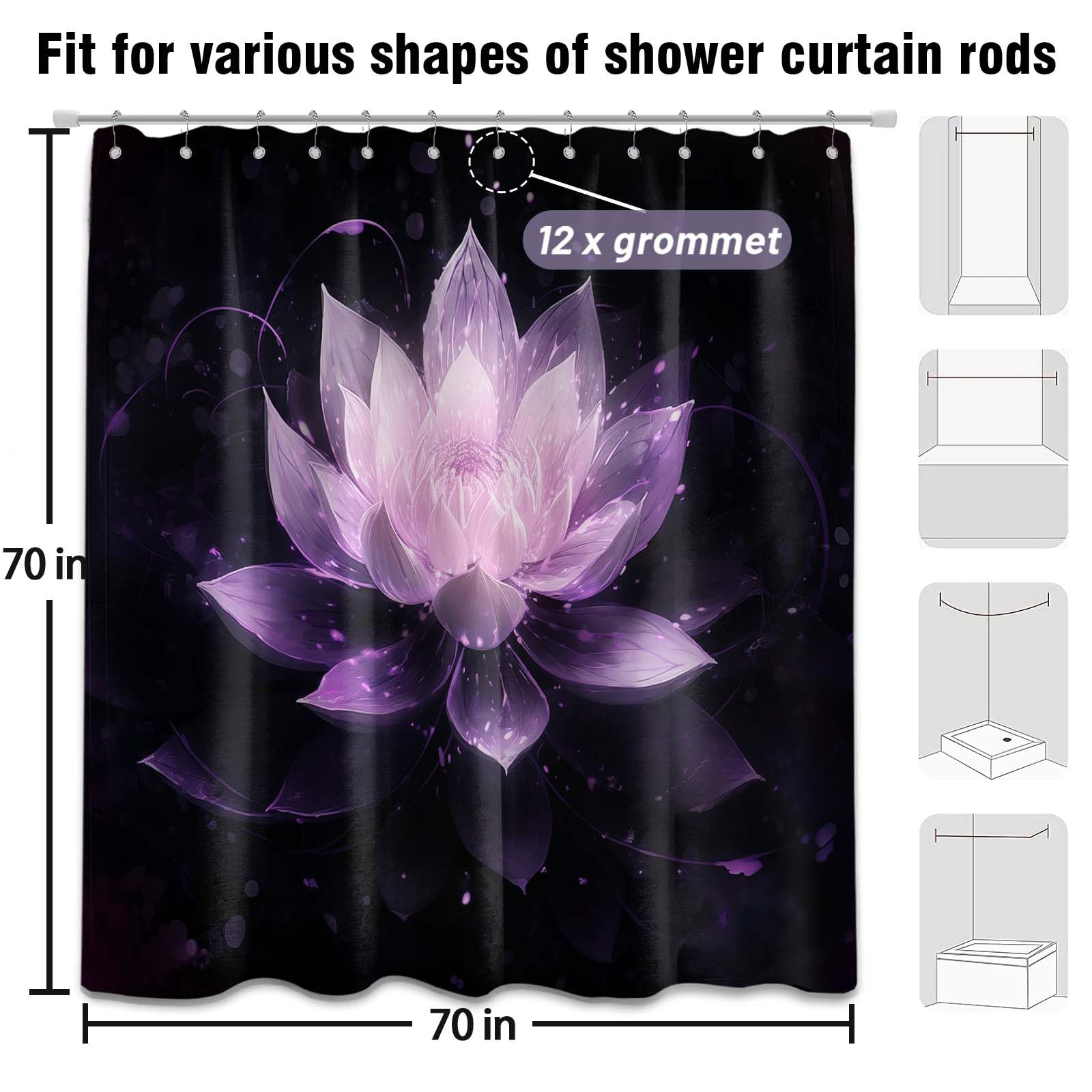 LanZanthic Lotus Shower Curtains for Bathroom Black and Purple Floral Spa Zen Wet Room Shower Curtain with hooks - Image 4