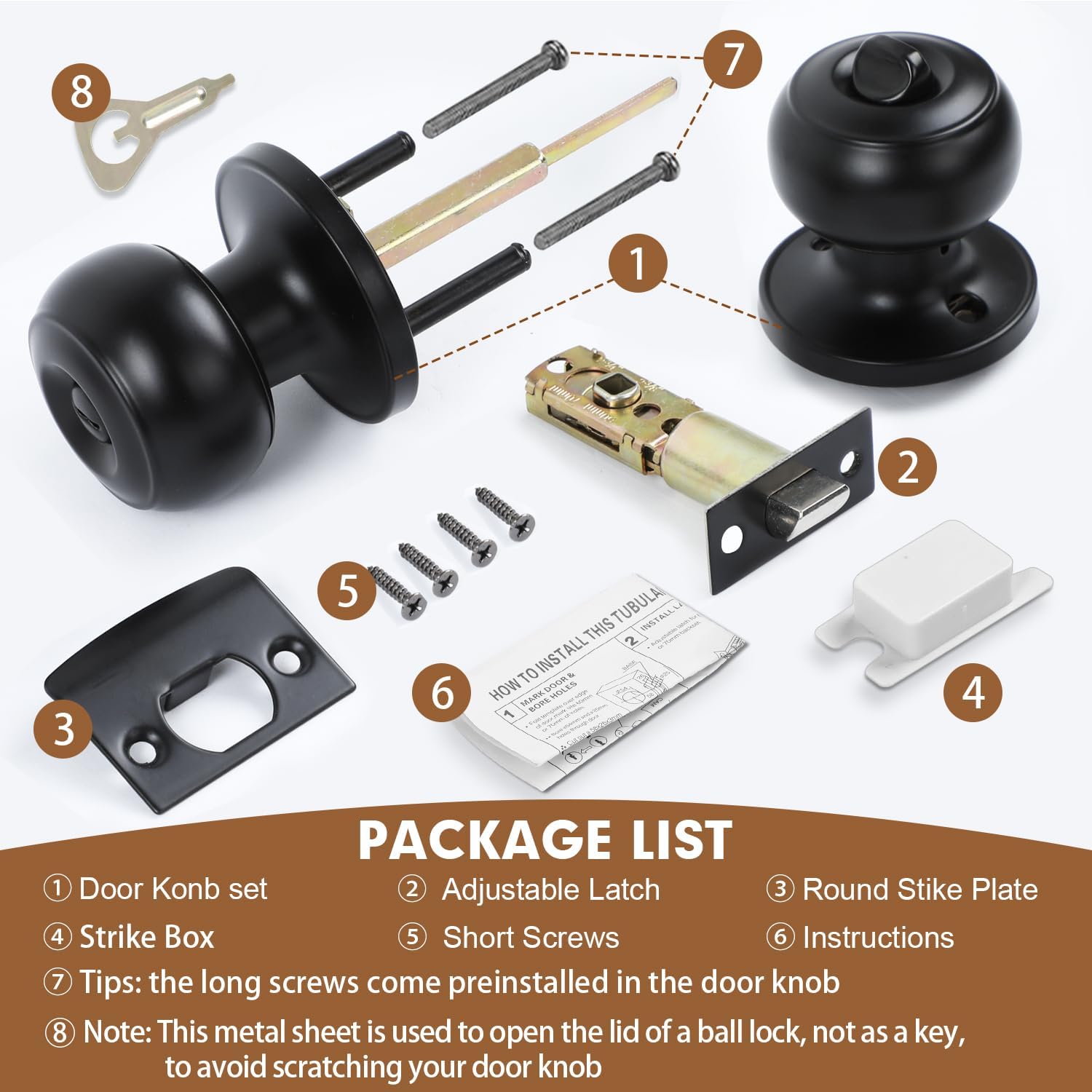 Privacy Door Knobs, 10 Pack Matte Black Door Knobs with Lock, Bed and Bath Door Knob Interior Keyless Locksets, Round Door Handles Reversible for Left Right Handed Doors