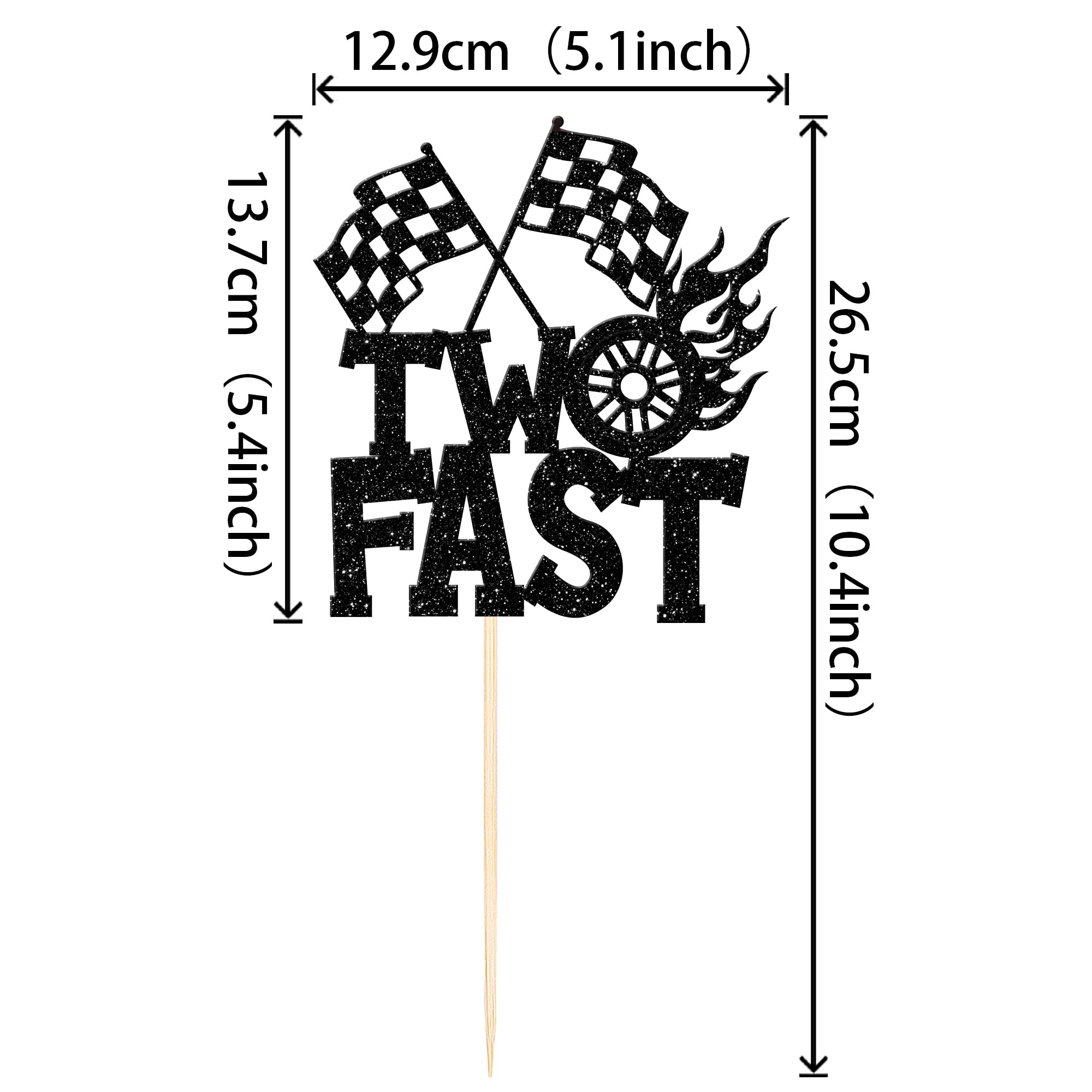 1 PCS Two Fast Cake Topper Black Glitter Chequered Flag Wheel Racing Car Cake Pick Happy 2nd Birthday Cake Decorations for Let's Go Racing Them Kids Boys Girls Second Birthday Party Supplies
