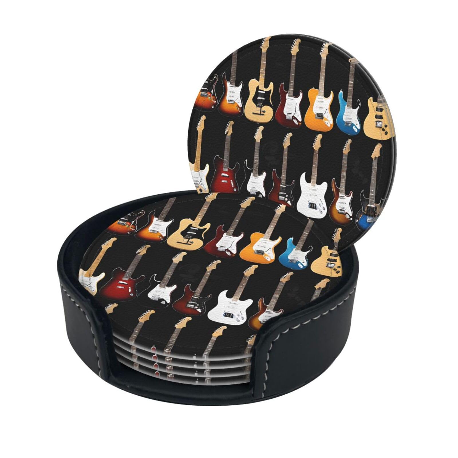Art Guitar Pattern Print Coaster,Round Leather Coasters with Storage Box for Wine Mugs,Cold Drinks and Cups Tabletop Protection (6 Piece)