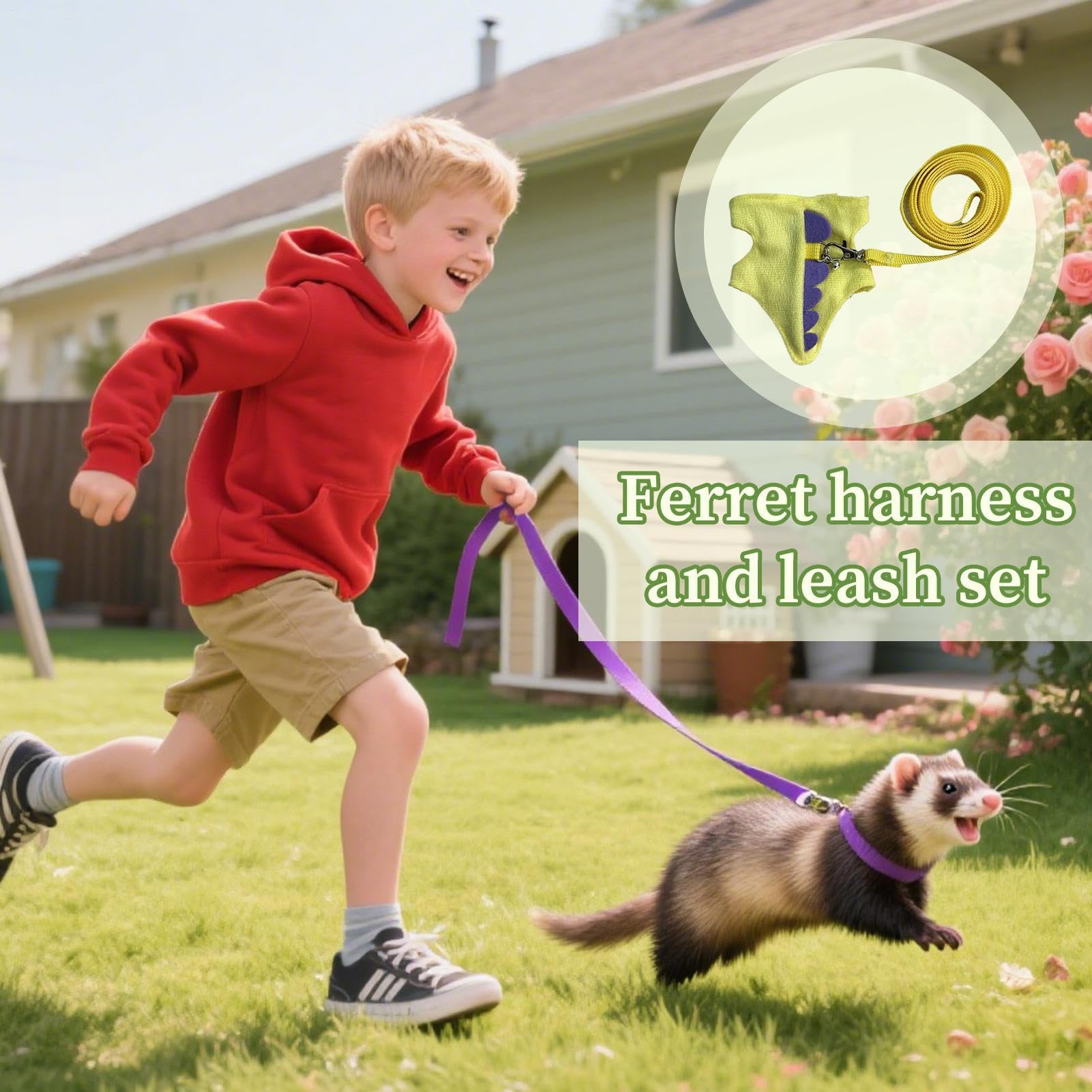 Arnés de hurón ajustable para mascotas pequeñas | Juego de chaleco suave para conejo, conejillo de indias, gatito, chinchilla, correa ligera de entrenamiento al aire libre para aventuras diarias — view 2