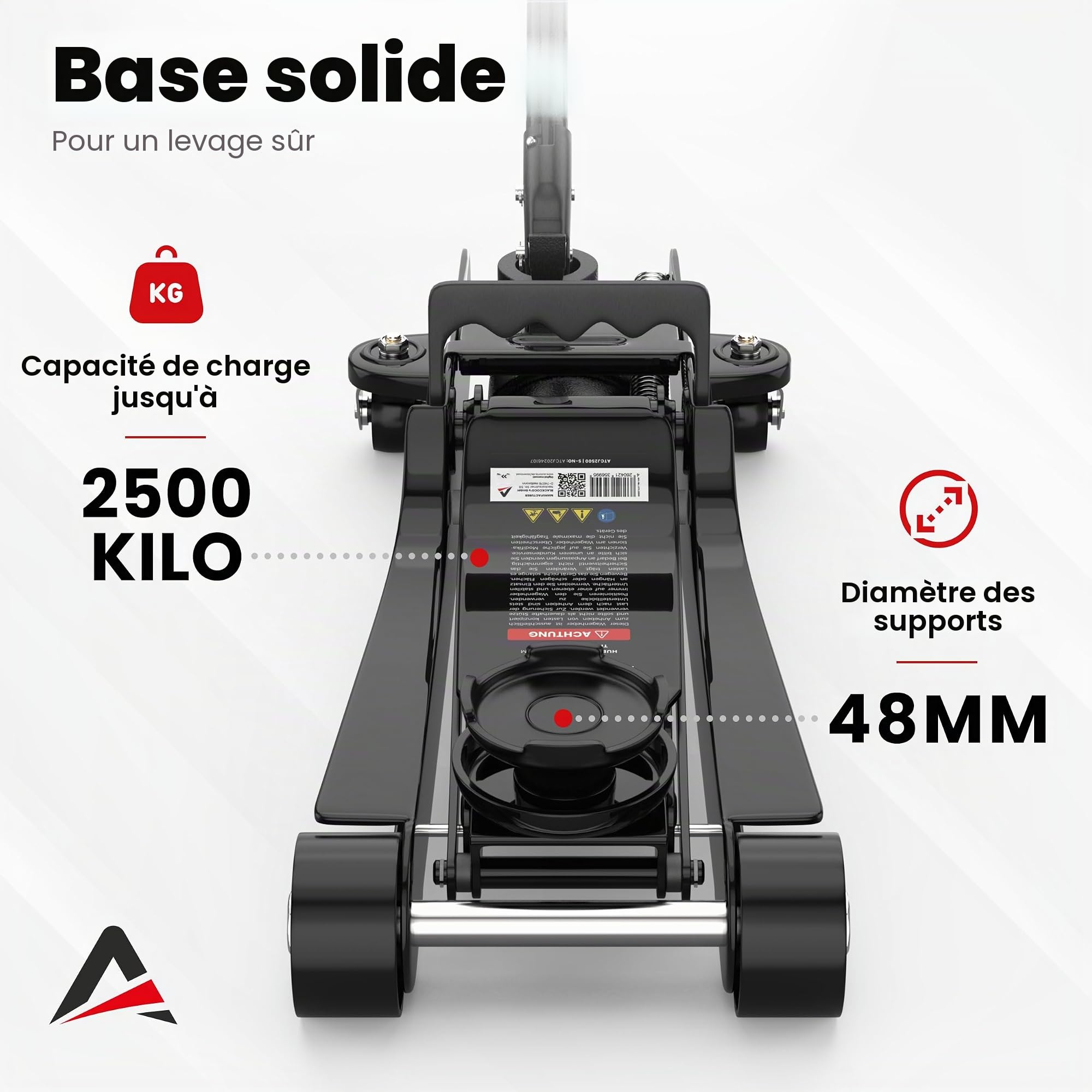 AUTORIA Cric 2,5T – Cric hydraulique plat avec mallette, 3X support en caoutchouc et adaptateurs – pour voitures et véhicules surbaissés – jusqu’à 2 500 kg de capacité de levage