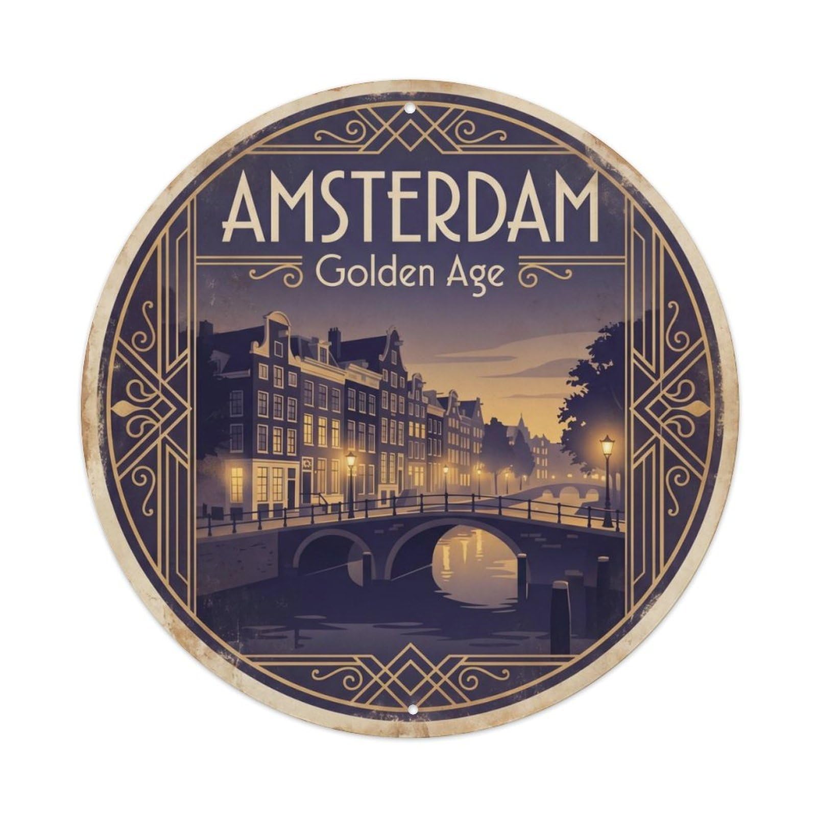 Vintage Travel Amsterdam Heritage Oldtown Metal Tin Sign Plaque Wall Decor for Cafe, Club, Garden Round Metal Poster 8x8Inch