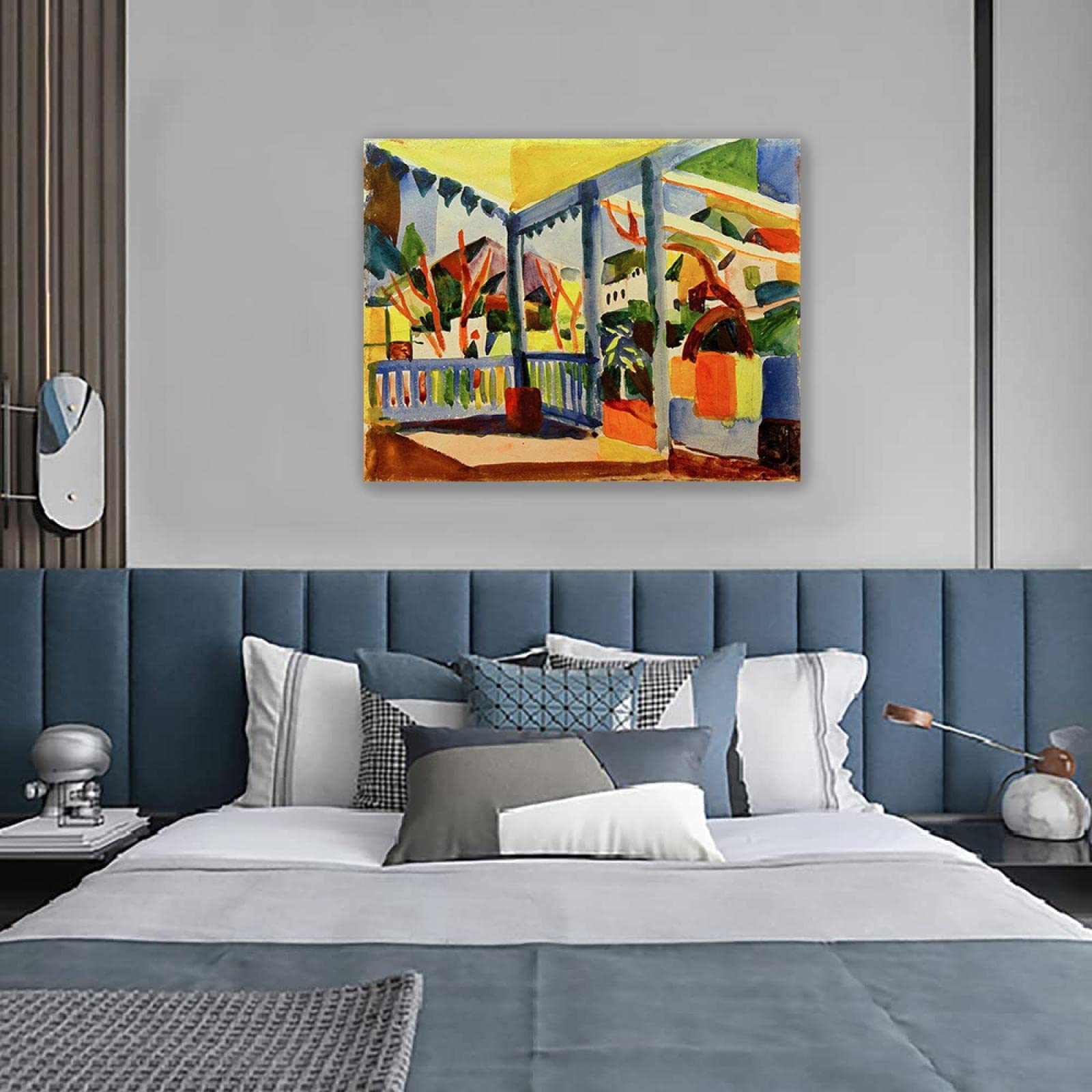 JZSDGB enmarcado-August Macke Pintura Reproducción de Carteles Cuadro en lienzo-impresión Obras de Arte-Cuadros famosos impreso sobre lienzo'Terraza de casa de campo en St. Germain' 70x90cm(28x35in)
