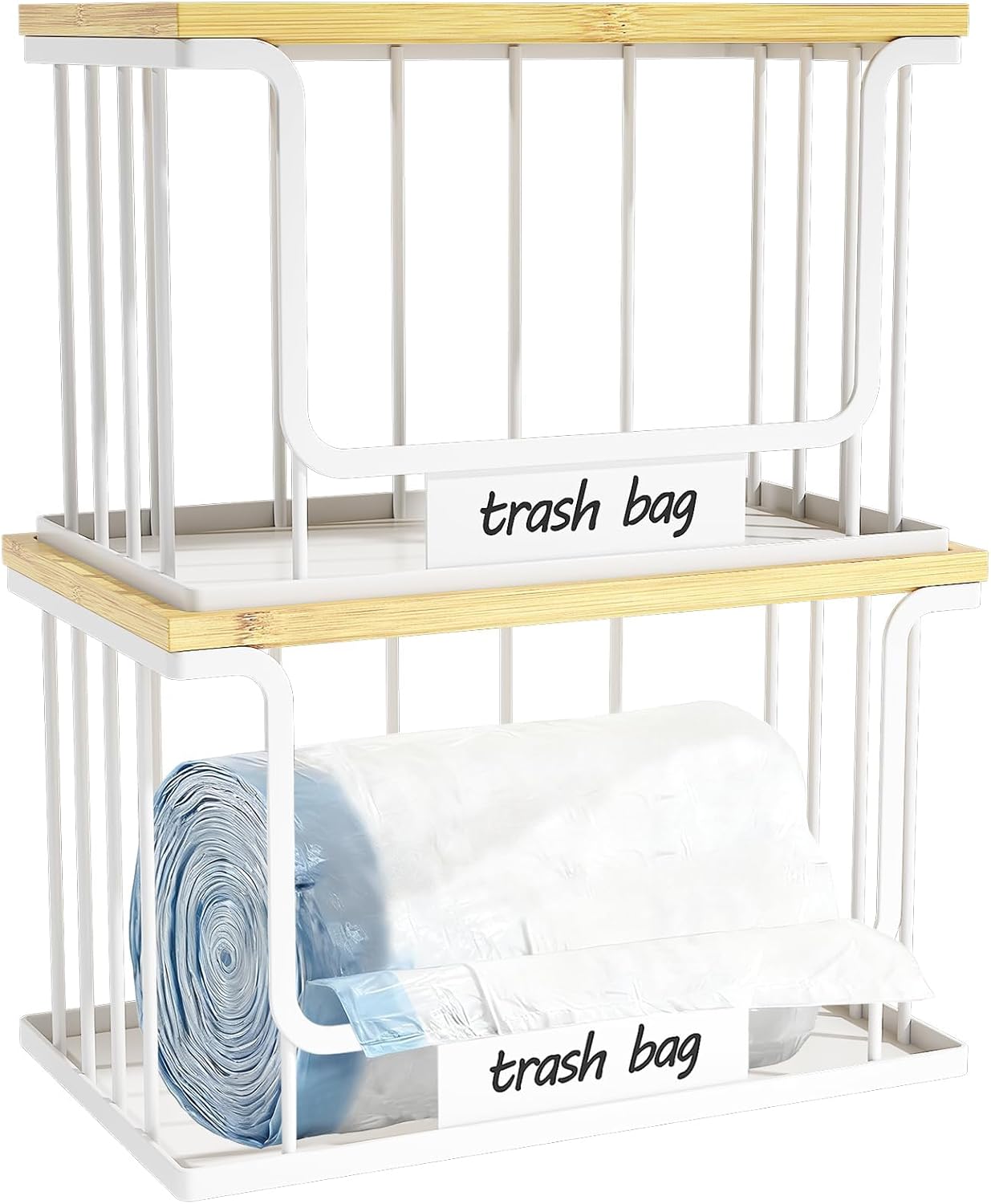 2 pack trash bag holder, extra large and large stackable garbage bag dispenser under sink with bamboo top & metal base for kitchen countertop storage, laundry, pantry organizer (white, l+xl) white 2 pack-l+xl