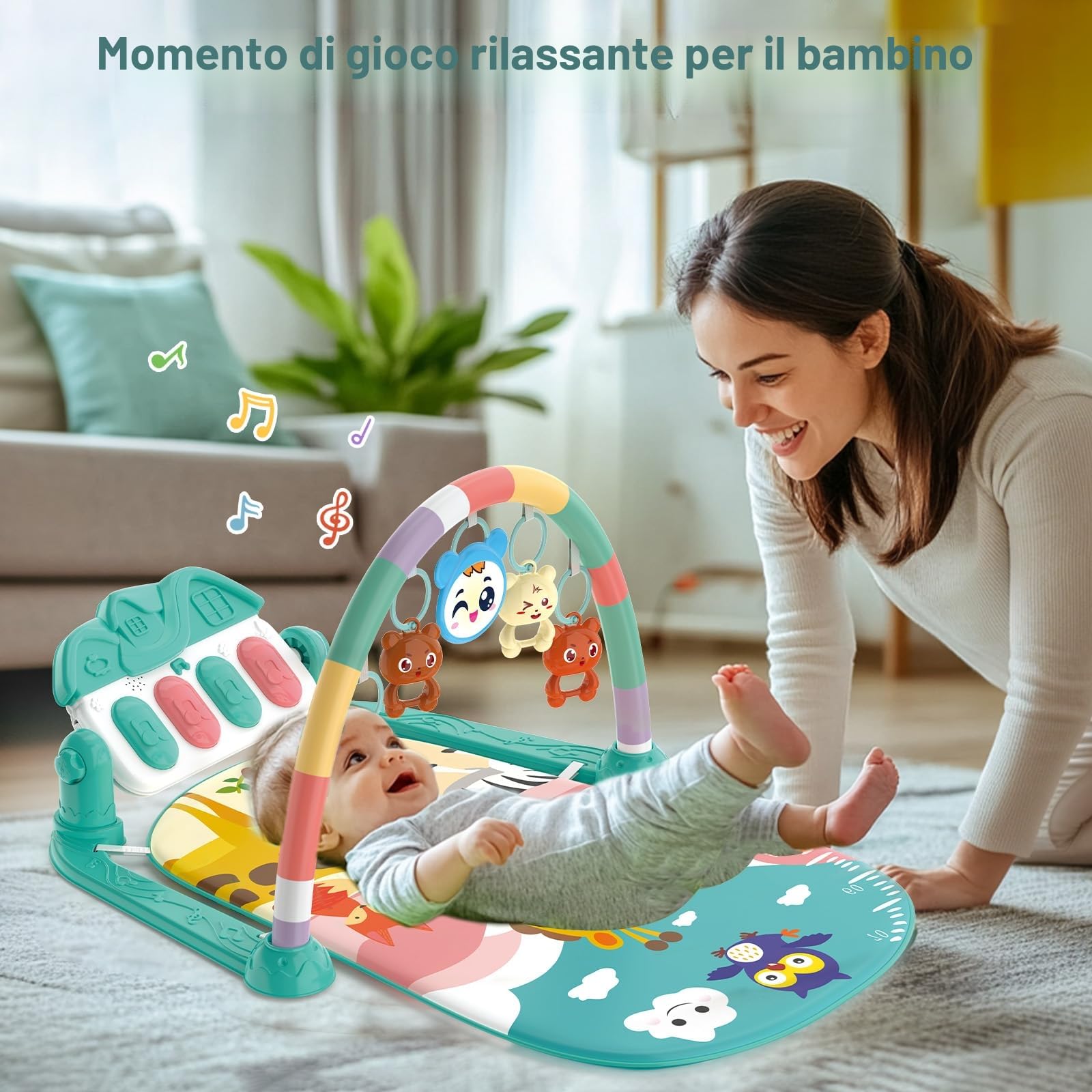 Palestrina Neonato Montessori 0-6 Mesi, Tappeto Gioco Neonato Gattonamento con Giocattolo Musicale Regolabile e Sonagli, Palestrina Neonata per Giochi Sensoriali di Attività (Verde)