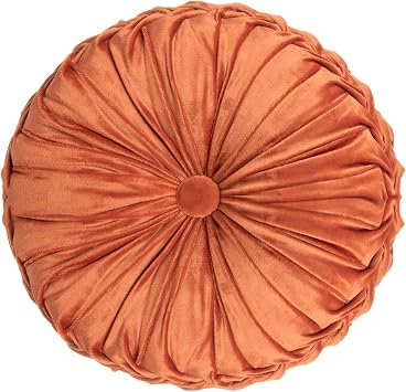 MOJUN Velvet Throw Pillow - Round, Pleated, Filled - Home Decorative Cushion for Couch, Chair, Bed, Car, Floor Orange, 14inch