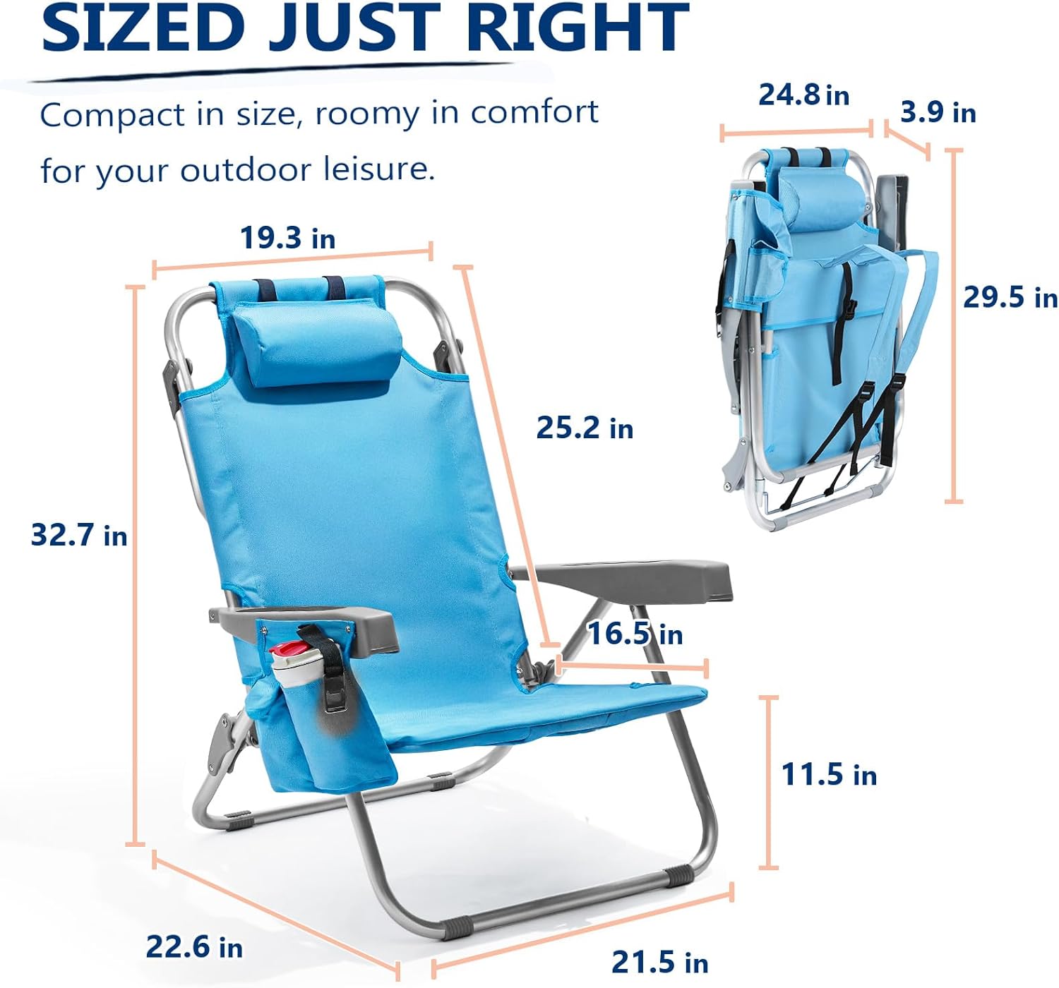PASAMIC Backpack Beach Chairs for Adults 2 Pack Portable, Lay Flat Reclining Beach Chairs with 5 Positions, Tall Heavy Duty Folding Chair with Cup Holder, Cooler Pouch, Towel Bar, Blue Blue 2 Pack