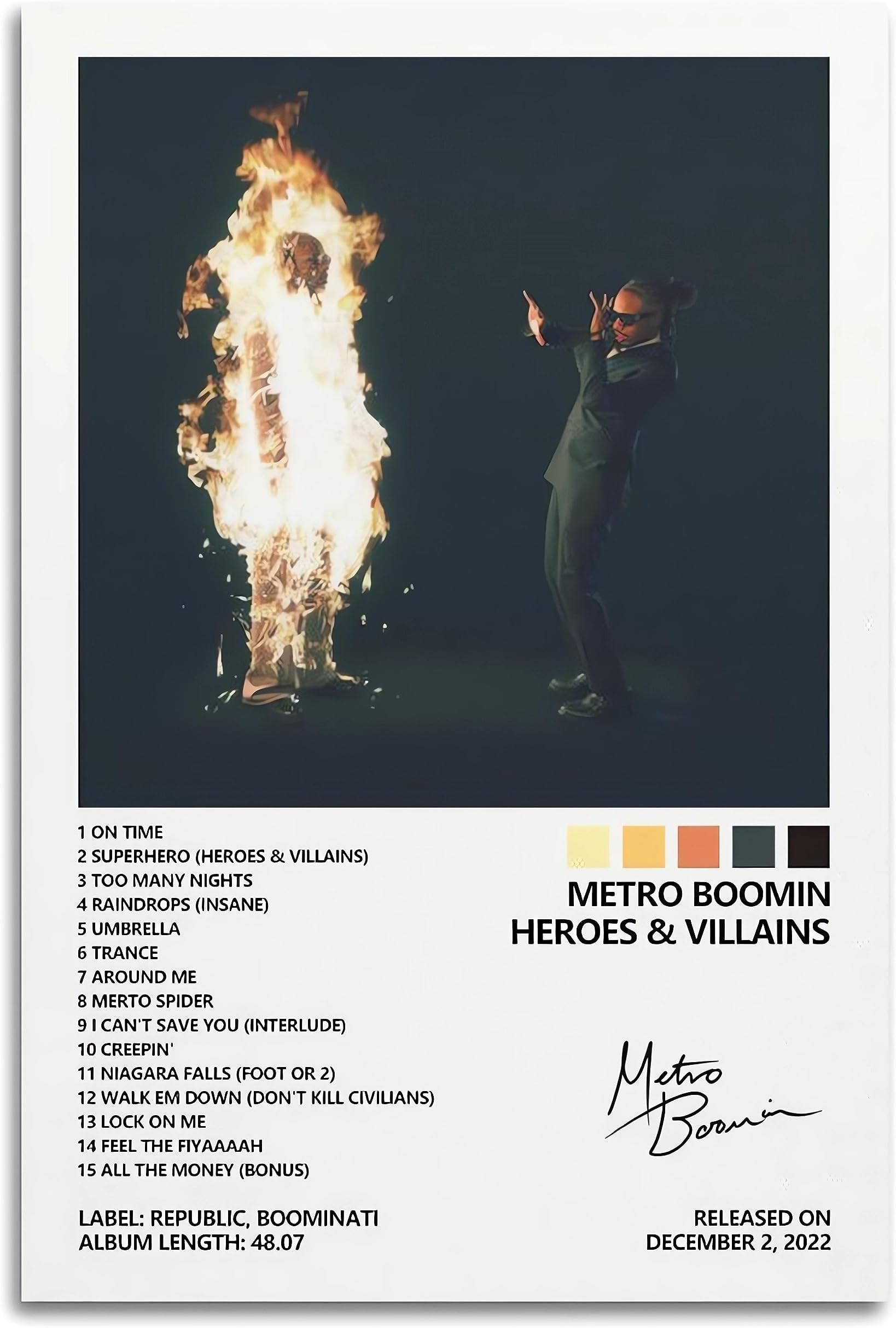 Metro Boomin Poster Heroes & Villains Album Cover Canvas Wall Art Posters Prints Pop Music Painting Party Home Room Decor for Room Aesthetic Bedroom Bathroom Limited Signed Poster 16x24inch (40x60cm)