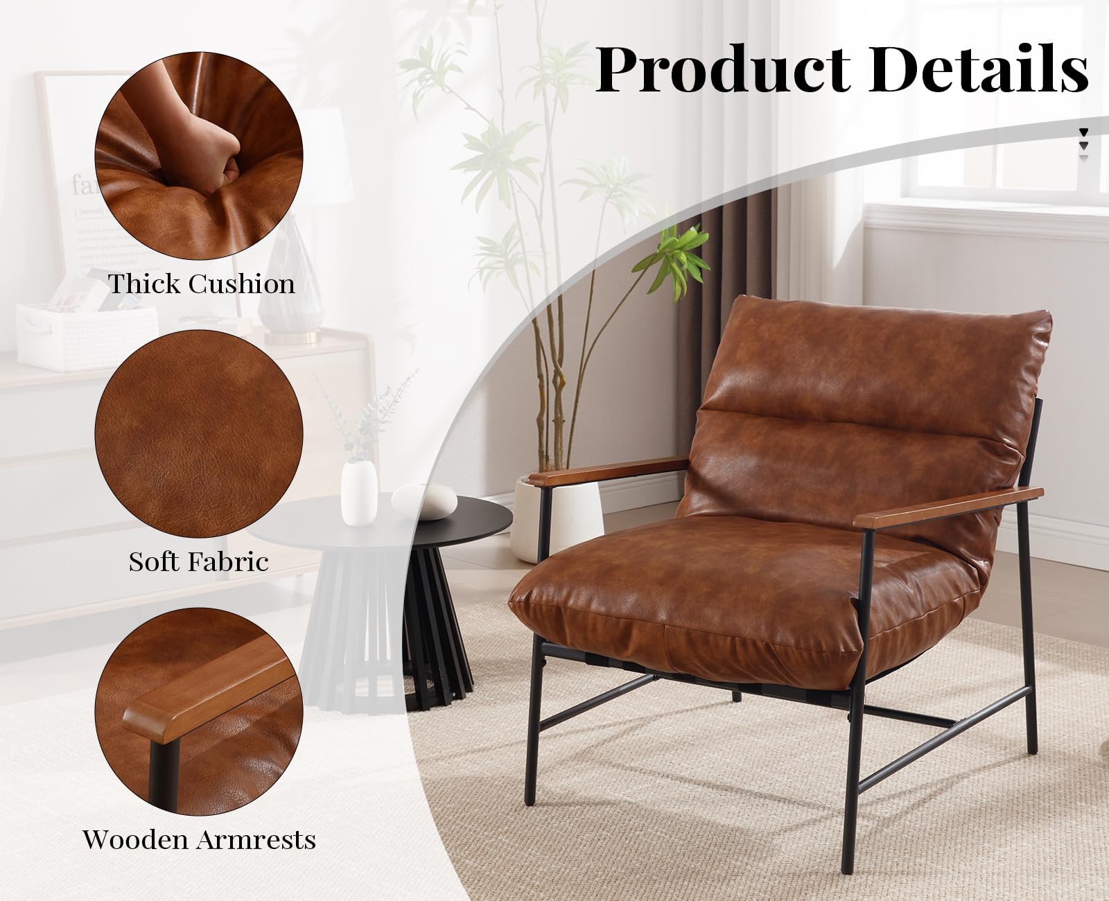 Wahson Butaca Sillón de PU Cuero Moderno Silla de Salón con Reposabrazos Madera,Silla Individual de Ocio Sencilla para Dormitorio/Apartamento,Marrón