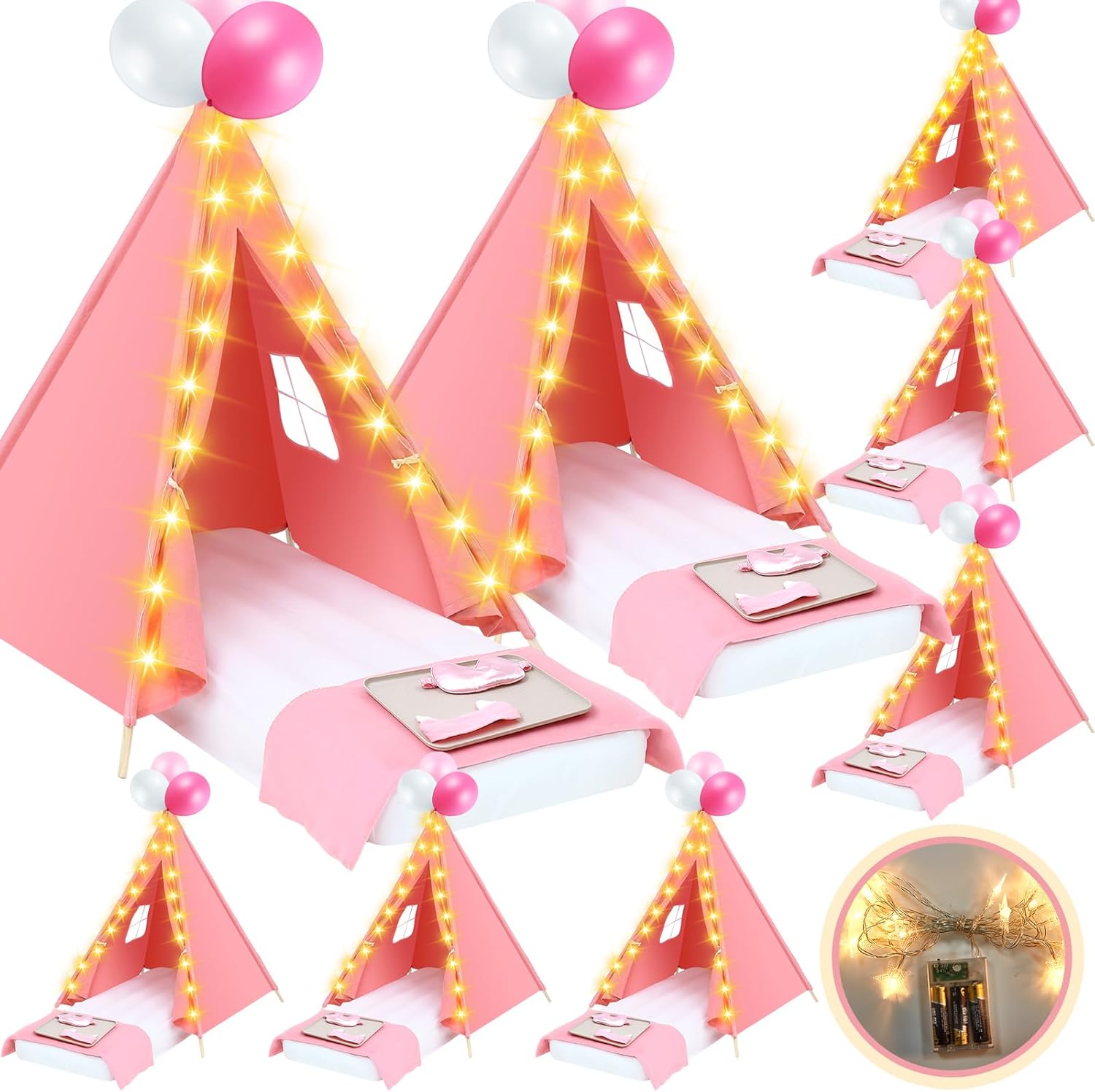Windyun 8 Pack Kids Teepee Tent for Slumber Party with Mattress,Light String,Airbed Fitted Sheet,Sleepover Tent for Girls Boys Party,Kids Play Playhouse Indoor Outdoor(Pink)