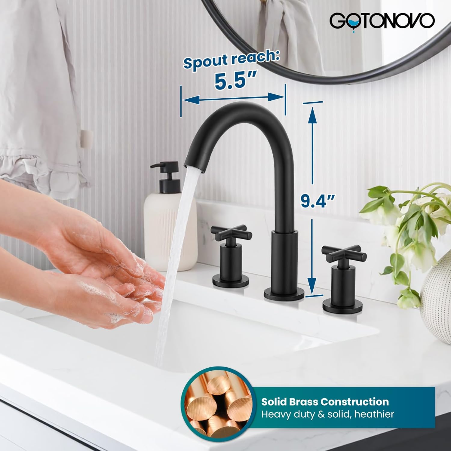 gotonovo 3 Hole Bathroom Faucet 8 inch Widespread Sink Vanity Faucet for Bathroom Sink 2 Cross Handle Deck Mount Basin with Pop Up Drain 360° Swivel Spout Matte Black