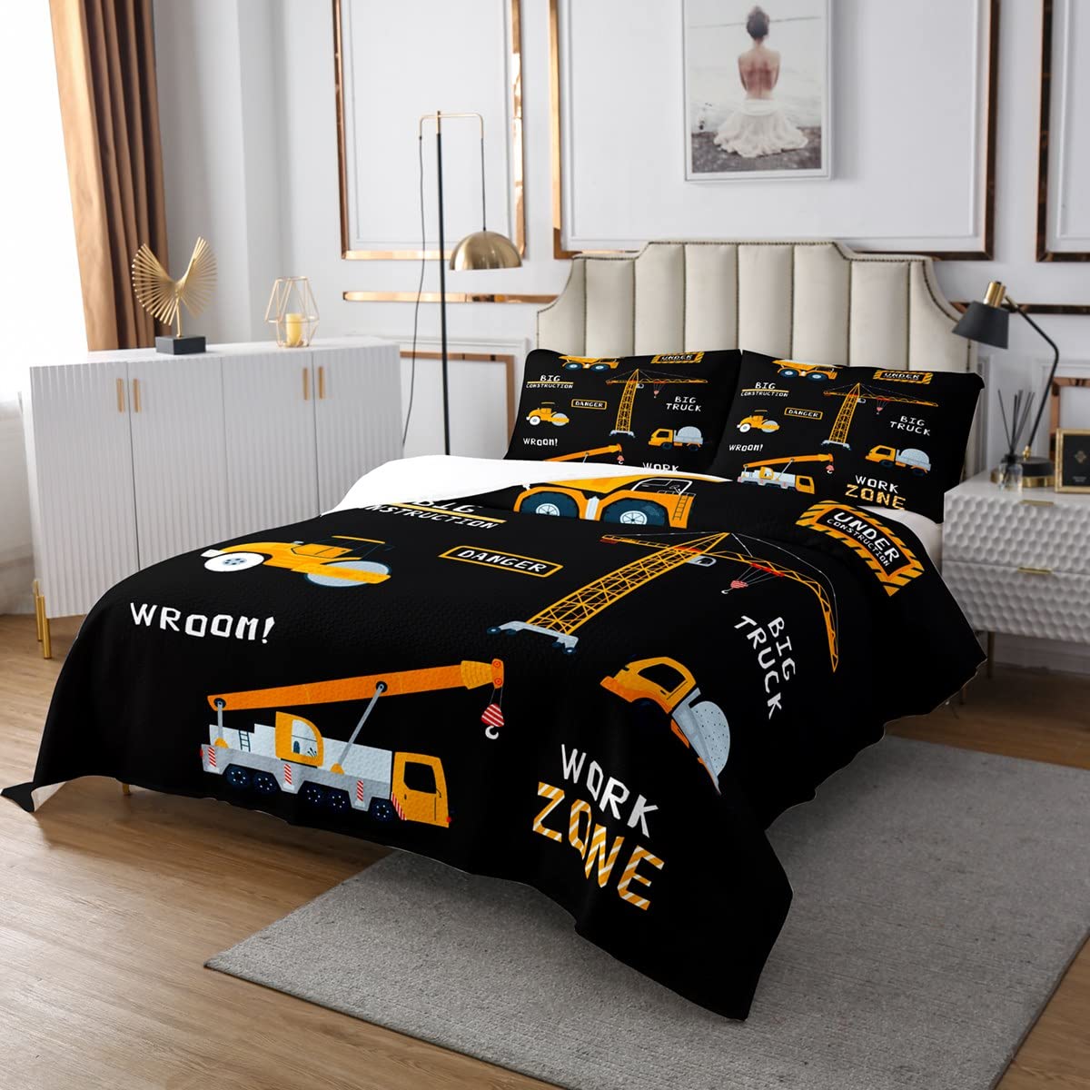 Loussiesd Excavadora acolchada en construcción camión de dibujos animados construcción de vehículos Coverlet set maquinaria pesada equipo decoración negro dormitorio colección 3 piezas tamaño king