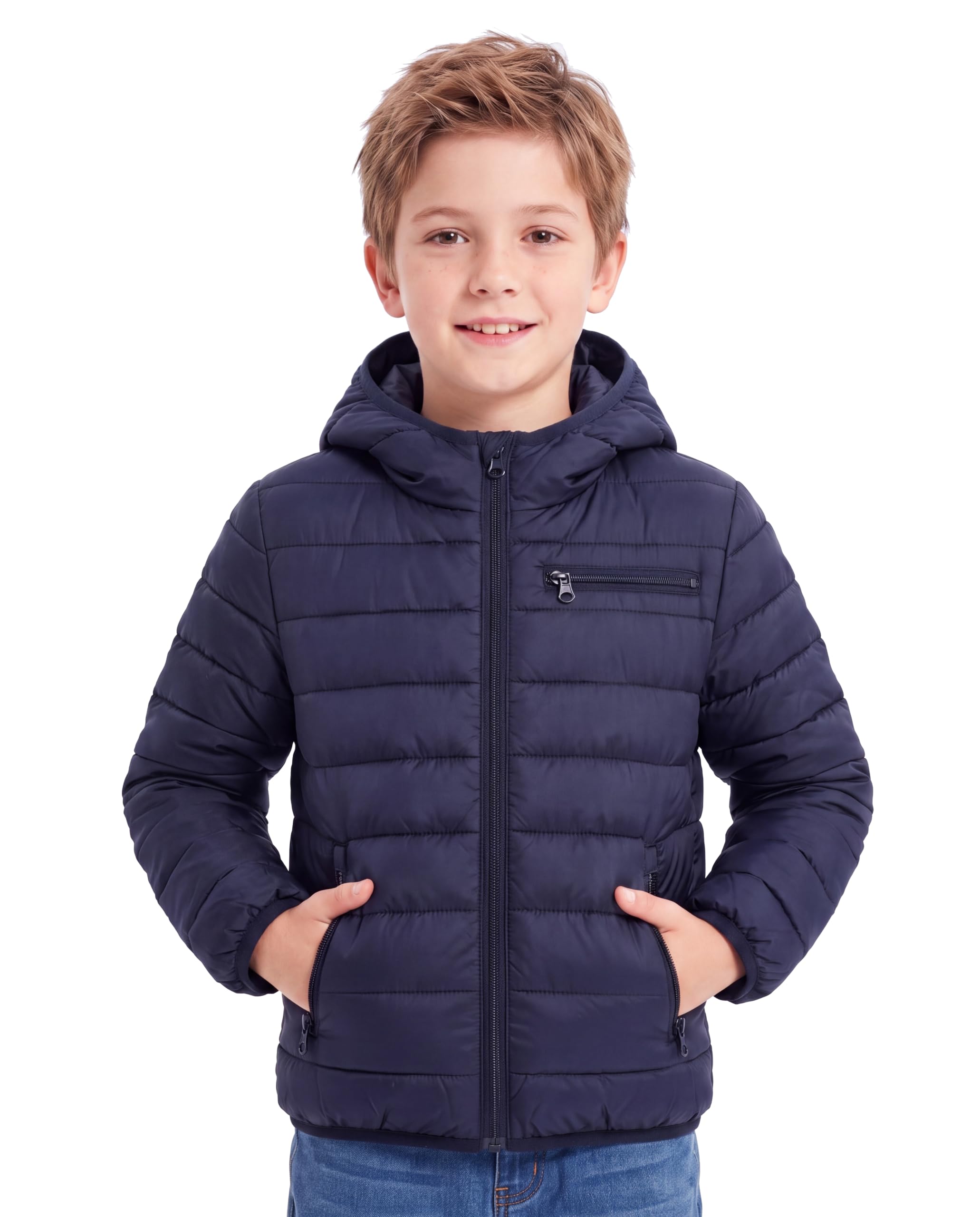 Chaqueta acolchada ligera unisex para niños, abrigo de burbujas plegable con bolsillos con cremallera, con capucha, para adolescentes de 9 a 16 años