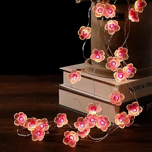 Miniatura 5 de Onemore Guirnalda de luces de flores de cerezo de 10 pies, 30 luces LED, funciona con pilas, con temporizador y alimentación por USB, divertidas