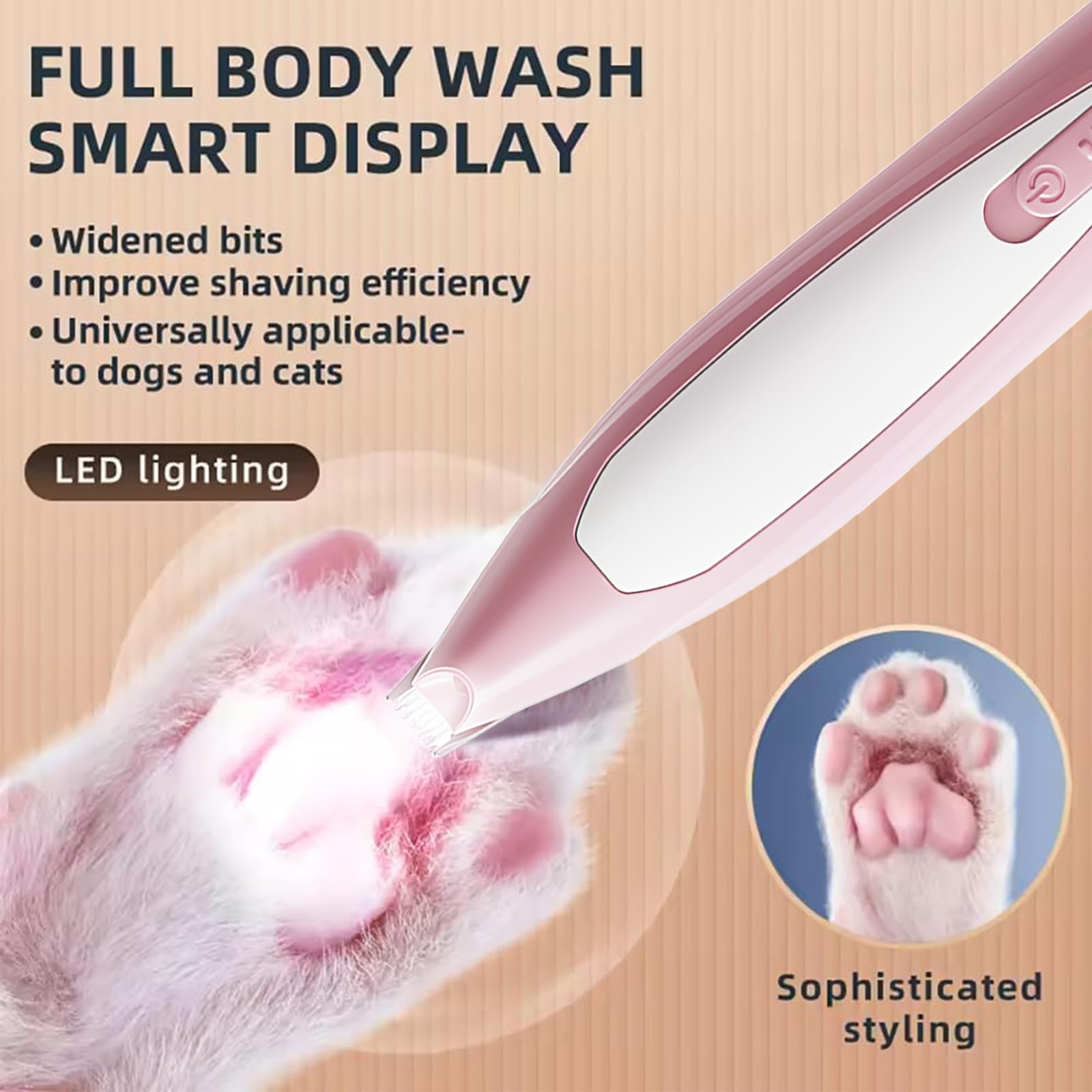 Hundepfoten-Trimmer, Haustier-Fußhaarschneidemaschine mit LED-Licht, wiederaufladbarer geräuscharmer Katzenhaarschneider für die Fellpflege von Tierhaaren um Pfoten, Augen, Ohren, Gesicht, Rumpf