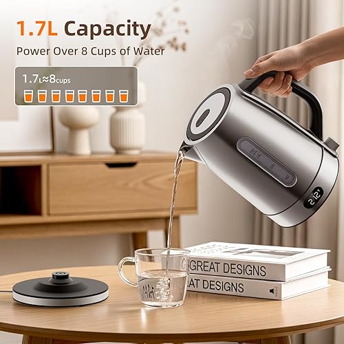Miniatura 2 de Kndko Hervidor eléctrico, ajuste de temperatura, filtro y hervidor de acero inoxidable, hervidor de té y caldera de agua caliente de 1.7 l para café